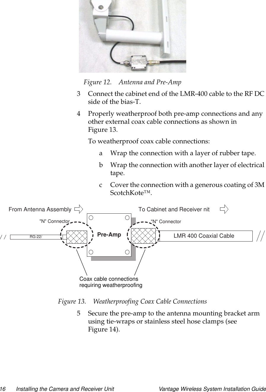 16 Installing the Camera and Receiver Unit Vantage Wireless System Installation GuideFigure 12. Antenna and Pre-Amp3 Connect the cabinet end of the LMR-400 cable to the RF DCside of the bias-T.4 Properly weatherproof both pre-amp connections and anyother external coax cable connections as shown inFigure 13.To weatherproof coax cable connections:a Wrap the connection with a layer of rubber tape.b Wrap the connection with another layer of electricaltape.c Cover the connection with a generous coating of 3MScotchKote™.Figure 13. Weatherproofing Coax Cable Connections5 Secure the pre-amp to the antenna mounting bracket armusing tie-wraps or stainless steel hose clamps (seeFigure 14).RG-22/ Pre-AmpPre-Amp LMR 400 Coaxial CableFrom Antenna Assembly To Cabinet and Receiver nit&quot;N&quot; Connector&quot;N&quot; ConnectorCoax cable connectionsrequiring weatherproofing