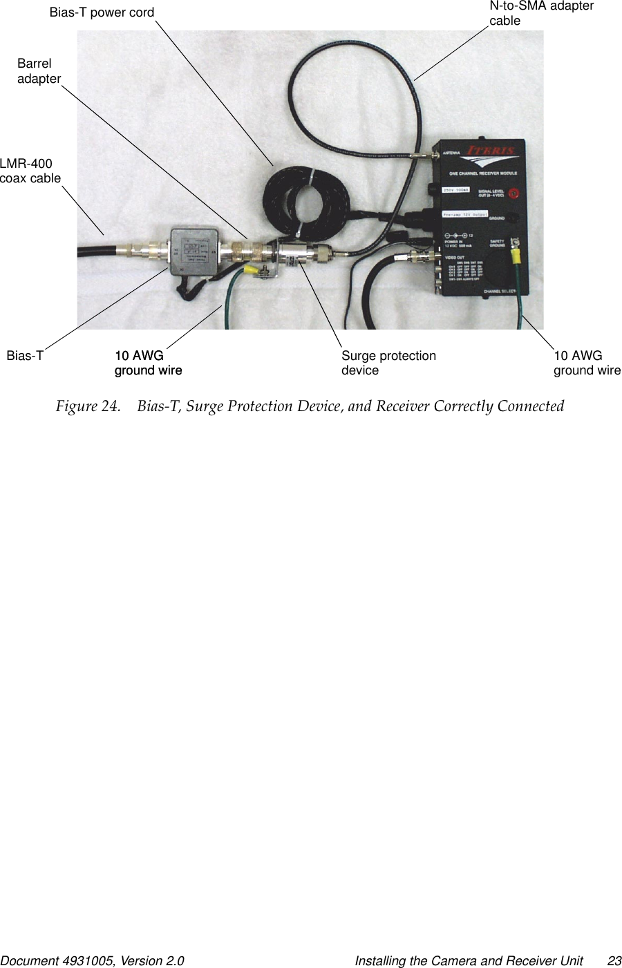 Document 4931005, Version 2.0 Installing the Camera and Receiver Unit 23Figure 24. Bias-T, Surge Protection Device, and Receiver Correctly ConnectedN-to-SMA adapter10 AWGground wireSurge protectiondevice10 AWGground wireBias-T 10 AWGground wireLMR-400coax cableBarreladapterBias-T power cord cable