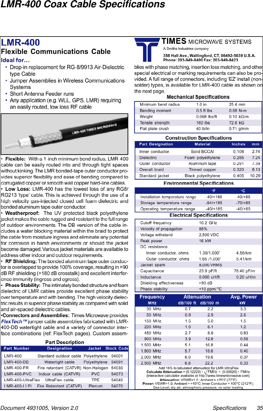 Document 4931005, Version 2.0 Specifications 35LMR-400 Coax Cable Specifications