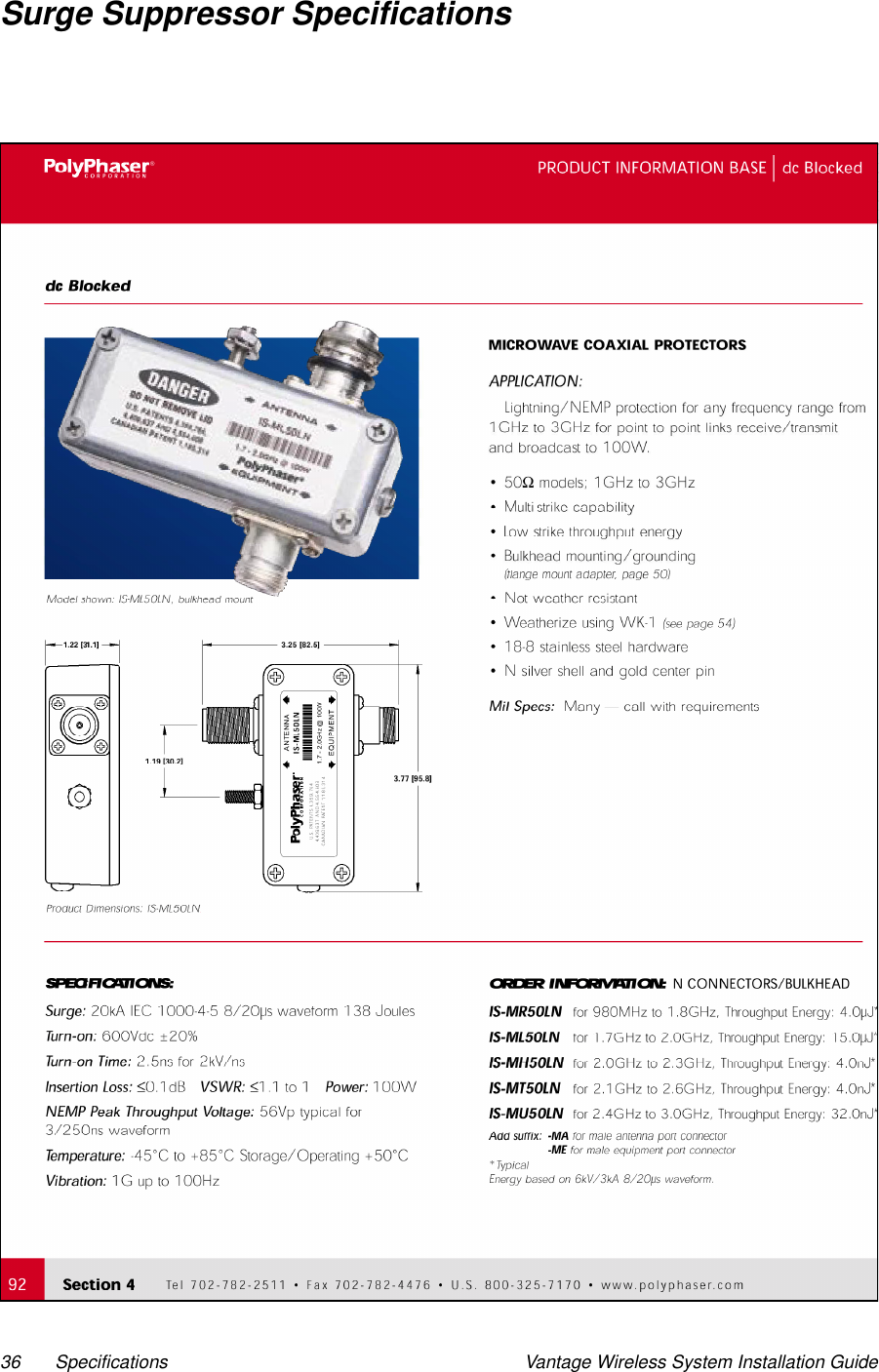 36 Specifications Vantage Wireless System Installation GuideSurge Suppressor Specifications