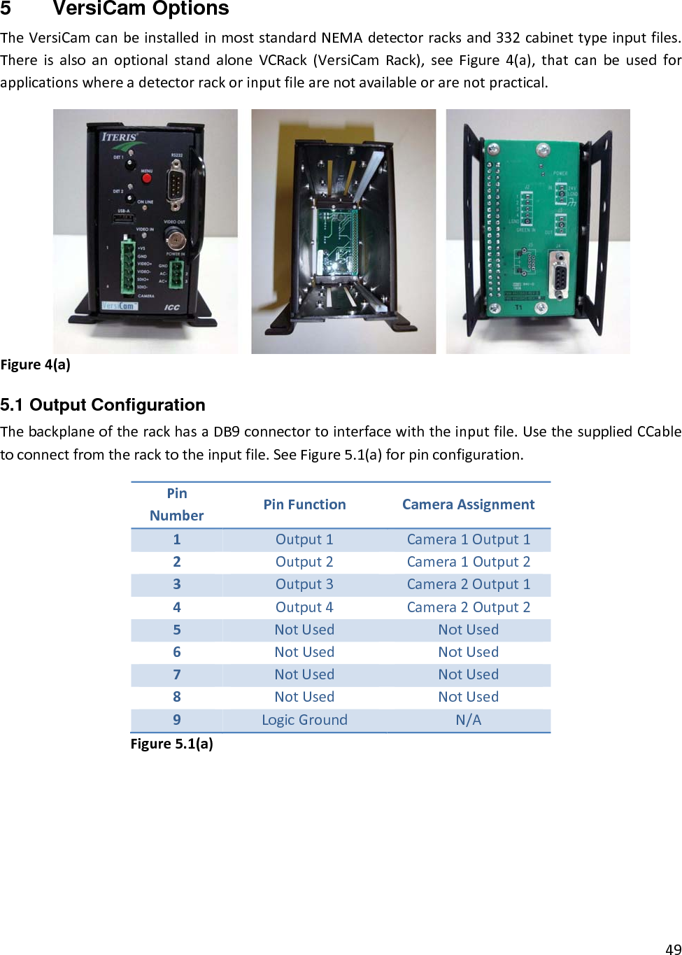 5 VersiCam Options TheVersiCamcanbeinstalledinmoststandardNEMAdetectorracksand332cabinettypeinputfiles.ThereisalsoanoptionalstandaloneVCRack(VersiCamRack),seeFigure4(a),thatcanbeusedforapplicationswhereadetectorrackorinputfilearenotavailableorarenotpractical. Figure4(a)5.1 Output Configuration ThebackplaneoftherackhasaDB9connectortointerfacewiththeinputfile.UsethesuppliedCCabletoconnectfromtheracktotheinputfile.SeeFigure5.1(a)forpinconfiguration.PinNumberPinFunctionCameraAssignment1Output1Camera1Output12Output2Camera1Output23Output3Camera2Output14Output4Camera2Output25NotUsedNotUsed6NotUsedNotUsed7NotUsedNotUsed8NotUsedNotUsed9LogicGroundN/AFigure5.1(a)  49