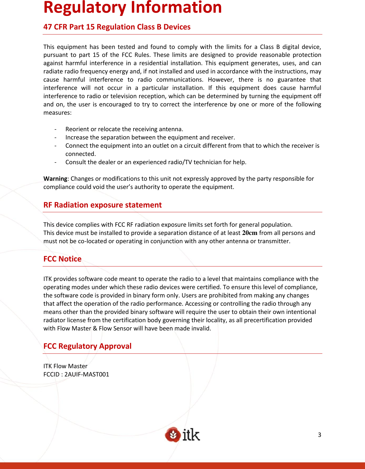 ITKS MAST001 ITK Flow Master User Manual