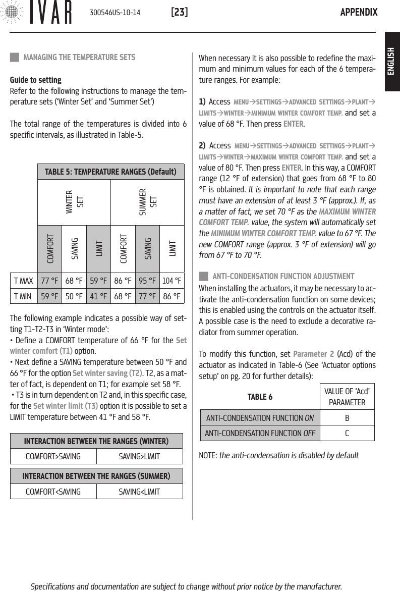 APPENDIX[23]Specifications and documentation are subject to change without prior notice by the manufacturer. TABLE 5: TEMPERATURE RANGES (Default)WINTER SETSUMMER SETCOMFORTSAVINGLIMITCOMFORTSAVINGLIMITT MAX 77 &deg;F 68 &deg;F 59 &deg;F 86 &deg;F 95 &deg;F104 &deg;FT MIN 59 &deg;F 50 &deg;F 41 &deg;F 68 &deg;F 77 &deg;F 86 &deg;F MANAGING THE TEMPERATURE SETSGuide to settingRefer to the following instructions to manage the tem-perature sets (&lsquo;Winter Set&rsquo; and &lsquo;Summer Set&rsquo;)The total range of the temperatures is divided into 6 specific intervals, as illustrated in Table-5.The following example indicates a possible way of set-ting T1-T2-T3 in &lsquo;Winter mode&rsquo;:&bull; Define a COMFORT temperature of 66 &deg;F for the Set winter comfort (T1) option.&bull; Next define a SAVING temperature between 50 &deg;F and 66 &deg;F for the option Set winter saving (T2). T2, as a mat-ter of fact, is dependent on T1; for example set 58 &deg;F. &bull; T3 is in turn dependent on T2 and, in this specific case, for the Set winter limit (T3) option it is possible to set a LIMIT temperature between 41 &deg;F and 58 &deg;F.INTERACTION BETWEEN THE RANGES (WINTER)COMFORT>SAVING SAVING>LIMITINTERACTION BETWEEN THE RANGES (SUMMER)COMFORT<SAVING SAVING<LIMITWhen necessary it is also possible to redefine the maxi-mum and minimum values for each of the 6 tempera-ture ranges. For example:1) Access MENU&agrave;SETTINGS&agrave;ADVANCED SETTINGS&agrave;PLANT&agrave;LIMITS&agrave;WINTER&agrave;MINIMUM WINTER COMFORT TEMP. and set a value of 68 &deg;F. Then press ENTER.2) Access MENU&agrave;SETTINGS&agrave;ADVANCED SETTINGS&agrave;PLANT&agrave;LIMITS&agrave;WINTER&agrave;MAXIMUM WINTER COMFORT TEMP. and set a value of 80 &deg;F. Then press ENTER. In this way, a COMFORT range (12 &deg;F of extension) that goes from 68 &deg;F to 80 &deg;F is obtained. It is important to note that each range must have an extension of at least 3 &deg;F (approx.). If, as a matter of fact, we set 70 &deg;F as the MAXIMUM WINTER COMFORT TEMP. value, the system will automatically set the MINIMUM WINTER COMFORT TEMP. value to 67 &deg;F. The new COMFORT range (approx. 3 &deg;F of extension) will go from 67 &deg;F to 70 &deg;F. ANTI-CONDENSATION FUNCTION ADJUSTMENTWhen installing the actuators, it may be necessary to ac-tivate the anti-condensation function on some devices; this is enabled using the controls on the actuator itself.  A possible case is the need to exclude a decorative ra-diator from summer operation.  To modify this function, set Parameter 2 (Acd) of the actuator as indicated in Table-6 (See &lsquo;Actuator options setup&rsquo; on pg. 20 for further details):TABLE 6 VALUE OF &lsquo;Acd&rsquo; PARAMETERANTI-CONDENSATION FUNCTION ON BANTI-CONDENSATION FUNCTION OFF CNOTE: the anti-condensation is disabled by default300546US-10-14ENGLISH