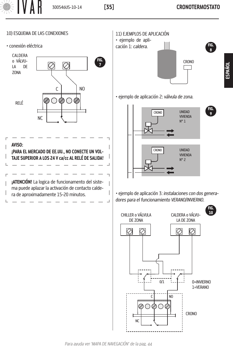 CRONOTERMOSTATO[35]Para ayuda ver &lsquo;MAPA DE NAVEGACI&Oacute;N&rsquo; de la pag. 44CRONOUNIDAD VIVIENDAN&deg; 1UNIDAD VIVIENDAN&deg; 2CRONOCALDERA o V&Aacute;LVU-LA DE ZONAREL&Eacute;NONCCFIG.711) EJEMPLOS DE APLICACI&Oacute;N&bull; ejemplo de apli-caci&oacute;n 1: caldera.&bull; ejemplo de aplicaci&oacute;n 2: v&aacute;lvula de zona.CRONO10) ESQUEMA DE LAS CONEXIONES&bull; conexi&oacute;n el&eacute;ctrica&bull; ejemplo de aplicaci&oacute;n 3: instalaciones con dos genera-dores para el funcionamiento VERANO/INVIERNO.FIG.8FIG.9CRONO0=INVIERNO1=VERANO0/1C NONCCALDERA o V&Aacute;LVU-LA DE ZONACHILLER o V&Aacute;LVULA DE ZONAFIG.10&iexcl;ATENCI&Oacute;N! La logica de funcionamento del siste-ma puede aplazar la activaci&oacute;n de contacto calde-ra de aproximadamente 15-20 minutos.AVISO:&iexcl;PARA EL MERCADO DE EE.UU., NO CONECTE UN VOL-TAJE SUPERIOR A LOS 24 V ca/cc AL REL&Eacute; DE SALIDA!300546US-10-14ESPA&Ntilde;OL