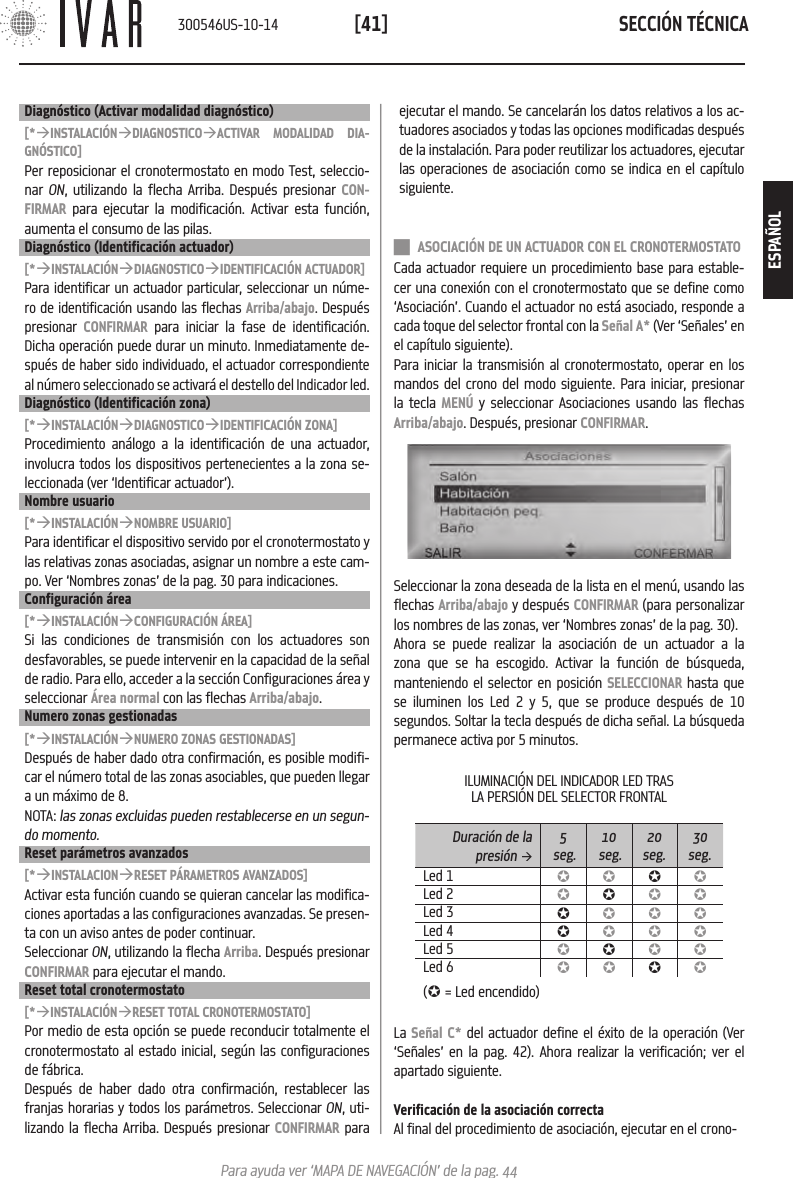SECCI&Oacute;N T&Eacute;CNICA[41]Para ayuda ver &lsquo;MAPA DE NAVEGACI&Oacute;N&rsquo; de la pag. 44Diagn&oacute;stico (Activar modalidad diagn&oacute;stico)[*&agrave;INSTALACI&Oacute;N&agrave;DIAGNOSTICO&agrave;ACTIVAR MODALIDAD DIA-GN&Oacute;STICO]Per reposicionar el cronotermostato en modo Test, seleccio-nar ON, utilizando la flecha Arriba. Despu&eacute;s presionar CON-FIRMAR para ejecutar la modificaci&oacute;n. Activar esta funci&oacute;n, aumenta el consumo de las pilas.Diagn&oacute;stico (Identificaci&oacute;n actuador)[*&agrave;INSTALACI&Oacute;N&agrave;DIAGNOSTICO&agrave;IDENTIFICACI&Oacute;N ACTUADOR]Para identificar un actuador particular, seleccionar un n&uacute;me-ro de identificaci&oacute;n usando las flechas Arriba/abajo. Despu&eacute;s presionar  CONFIRMAR para iniciar la fase de identificaci&oacute;n. Dicha operaci&oacute;n puede durar un minuto. Inmediatamente de-spu&eacute;s de haber sido individuado, el actuador correspondiente al n&uacute;mero seleccionado se activar&aacute; el destello del Indicador led.Diagn&oacute;stico (Identificaci&oacute;n zona)[*&agrave;INSTALACI&Oacute;N&agrave;DIAGNOSTICO&agrave;IDENTIFICACI&Oacute;N ZONA]Procedimiento an&aacute;logo a la identificaci&oacute;n de una actuador, involucra todos los dispositivos pertenecientes a la zona se-leccionada (ver &lsquo;Identificar actuador&rsquo;).Nombre usuario[*&agrave;INSTALACI&Oacute;N&agrave;NOMBRE USUARIO]Para identificar el dispositivo servido por el cronotermostato y las relativas zonas asociadas, asignar un nombre a este cam-po. Ver &lsquo;Nombres zonas&rsquo; de la pag. 30 para indicaciones.Configuraci&oacute;n &aacute;rea[*&agrave;INSTALACI&Oacute;N&agrave;CONFIGURACI&Oacute;N &Aacute;REA]Si las condiciones de transmisi&oacute;n con los actuadores son desfavorables, se puede intervenir en la capacidad de la se&ntilde;al de radio. Para ello, acceder a la secci&oacute;n Configuraciones &aacute;rea y seleccionar &Aacute;rea normal con las flechas Arriba/abajo.Numero zonas gestionadas[*&agrave;INSTALACI&Oacute;N&agrave;NUMERO ZONAS GESTIONADAS]Despu&eacute;s de haber dado otra confirmaci&oacute;n, es posible modifi-car el n&uacute;mero total de las zonas asociables, que pueden llegar a un m&aacute;ximo de 8.NOTA: las zonas excluidas pueden restablecerse en un segun-do momento.Reset par&aacute;metros avanzados[*&agrave;INSTALACION&agrave;RESET P&Aacute;RAMETROS AVANZADOS]Activar esta funci&oacute;n cuando se quieran cancelar las modifica-ciones aportadas a las configuraciones avanzadas. Se presen-ta con un aviso antes de poder continuar. Seleccionar ON, utilizando la flecha Arriba. Despu&eacute;s presionar CONFIRMAR para ejecutar el mando.Reset total cronotermostato[*&agrave;INSTALACI&Oacute;N&agrave;RESET TOTAL CRONOTERMOSTATO]Por medio de esta opci&oacute;n se puede reconducir totalmente el cronotermostato al estado inicial, seg&uacute;n las configuraciones de f&aacute;brica. Despu&eacute;s de haber dado otra confirmaci&oacute;n, restablecer las franjas horarias y todos los par&aacute;metros. Seleccionar ON, uti-lizando la flecha Arriba. Despu&eacute;s presionar CONFIRMAR para ejecutar el mando. Se cancelar&aacute;n los datos relativos a los ac-tuadores asociados y todas las opciones modificadas despu&eacute;s de la instalaci&oacute;n. Para poder reutilizar los actuadores, ejecutar las operaciones de asociaci&oacute;n como se indica en el cap&iacute;tulo siguiente. ASOCIACI&Oacute;N DE UN ACTUADOR CON EL CRONOTERMOSTATOCada actuador requiere un procedimiento base para estable-cer una conexi&oacute;n con el cronotermostato que se define como &lsquo;Asociaci&oacute;n&rsquo;. Cuando el actuador no est&aacute; asociado, responde a cada toque del selector frontal con la Se&ntilde;al A* (Ver &lsquo;Se&ntilde;ales&rsquo; en el cap&iacute;tulo siguiente). Para iniciar la transmisi&oacute;n al cronotermostato, operar en los mandos del crono del modo siguiente. Para iniciar, presionar la tecla MEN&Uacute; y seleccionar Asociaciones usando las flechas Arriba/abajo. Despu&eacute;s, presionar CONFIRMAR.Seleccionar la zona deseada de la lista en el men&uacute;, usando las flechas Arriba/abajo y despu&eacute;s CONFIRMAR (para personalizar los nombres de las zonas, ver &lsquo;Nombres zonas&rsquo; de la pag. 30).Ahora se puede realizar la asociaci&oacute;n de un actuador a la zona que se ha escogido. Activar la funci&oacute;n de b&uacute;squeda, manteniendo el selector en posici&oacute;n SELECCIONAR hasta que se iluminen los Led 2 y 5, que se produce despu&eacute;s de 10 segundos. Soltar la tecla despu&eacute;s de dicha se&ntilde;al. La b&uacute;squeda permanece activa por 5 minutos.ILUMINACI&Oacute;N DEL INDICADOR LED TRAS LA PERSI&Oacute;N DEL SELECTOR FRONTALDuraci&oacute;n de la presi&oacute;n &agrave;5 seg.10 seg.20seg.30seg.Led 1 &micro;&micro;&micro;&micro;Led 2 &micro;&micro;&micro; &micro;Led 3 &micro;&micro;&micro;&micro;Led 4 &micro;&micro;&micro;&micro;Led 5 &micro;&micro;&micro; &micro;Led 6 &micro;&micro;&micro;&micro;(&micro; = Led encendido)La Se&ntilde;al C* del actuador define el &eacute;xito de la operaci&oacute;n (Ver &lsquo;Se&ntilde;ales&rsquo; en la pag. 42). Ahora realizar la verificaci&oacute;n; ver el apartado siguiente.Verificaci&oacute;n de la asociaci&oacute;n correctaAl final del procedimiento de asociaci&oacute;n, ejecutar en el crono-300546US-10-14ESPA&Ntilde;OL