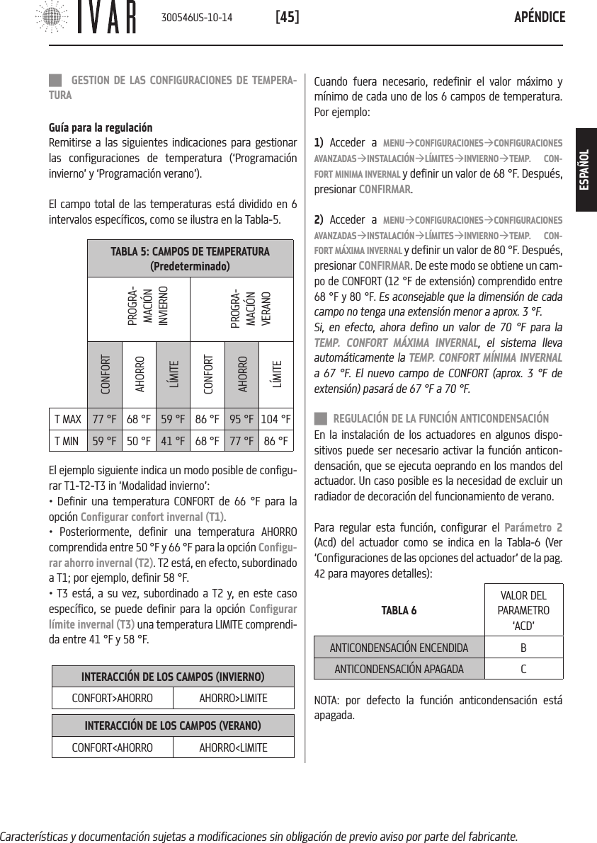 AP&Eacute;NDICE[45]Caracter&iacute;sticas y documentaci&oacute;n sujetas a modificaciones sin obligaci&oacute;n de previo aviso por parte del fabricante.TABLA 5: CAMPOS DE TEMPERATURA (Predeterminado)PROGRA-MACI&Oacute;N INVIERNOPROGRA-MACI&Oacute;N VERANOCONFORTAHORROL&Iacute;MITECONFORTAHORROL&Iacute;MITET MAX  77 &deg;F 68 &deg;F 59 &deg;F 86 &deg;F 95 &deg;F 104 &deg;FT MIN 59 &deg;F 50 &deg;F 41 &deg;F 68 &deg;F 77 &deg;F 86 &deg;F GESTION DE LAS CONFIGURACIONES DE TEMPERA-TURAGu&iacute;a para la regulaci&oacute;nRemitirse a las siguientes indicaciones para gestionar las configuraciones de temperatura (&lsquo;Programaci&oacute;n invierno&rsquo; y &lsquo;Programaci&oacute;n verano&rsquo;).El campo total de las temperaturas est&aacute; dividido en 6 intervalos espec&iacute;ficos, como se ilustra en la Tabla-5.El ejemplo siguiente indica un modo posible de configu-rar T1-T2-T3 in &lsquo;Modalidad invierno&rsquo;:&bull; Definir una temperatura CONFORT de 66 &deg;F para la opci&oacute;n Configurar confort invernal (T1). &bull; Posteriormente, definir una temperatura AHORRO comprendida entre 50 &deg;F y 66 &deg;F para la opci&oacute;n Configu-rar ahorro invernal (T2). T2 est&aacute;, en efecto, subordinado a T1; por ejemplo, definir 58 &deg;F.&bull; T3 est&aacute;, a su vez, subordinado a T2 y, en este caso espec&iacute;fico, se puede definir para la opci&oacute;n Configurar l&iacute;mite invernal (T3) una temperatura LIMITE comprendi-da entre 41 &deg;F y 58 &deg;F.INTERACCI&Oacute;N DE LOS CAMPOS (INVIERNO)CONFORT>AHORRO AHORRO>LIMITEINTERACCI&Oacute;N DE LOS CAMPOS (VERANO)CONFORT<AHORRO AHORRO<LIMITECuando fuera necesario, redefinir el valor m&aacute;ximo y m&iacute;nimo de cada uno de los 6 campos de temperatura. Por ejemplo:1) Acceder a MENU&agrave;CONFIGURACIONES&agrave;CONFIGURACIONES AVANZADAS&agrave;INSTALACI&Oacute;N&agrave;L&Iacute;MITES&agrave;INVIERNO&agrave;TEMP. CON-FORT MINIMA INVERNAL y definir un valor de 68 &deg;F. Despu&eacute;s, presionar CONFIRMAR.2) Acceder a MENU&agrave;CONFIGURACIONES&agrave;CONFIGURACIONES AVANZADAS&agrave;INSTALACI&Oacute;N&agrave;L&Iacute;MITES&agrave;INVIERNO&agrave;TEMP. CON-FORT M&Aacute;XIMA INVERNAL y definir un valor de 80 &deg;F. Despu&eacute;s, presionar CONFIRMAR. De este modo se obtiene un cam-po de CONFORT (12 &deg;F de extensi&oacute;n) comprendido entre 68 &deg;F y 80 &deg;F. Es aconsejable que la dimensi&oacute;n de cada campo no tenga una extensi&oacute;n menor a aprox. 3 &deg;F. Si, en efecto, ahora defino un valor de 70 &deg;F para la TEMP. CONFORT M&Aacute;XIMA INVERNAL, el sistema lleva autom&aacute;ticamente la TEMP. CONFORT M&Iacute;NIMA INVERNAL a 67 &deg;F. El nuevo campo de CONFORT (aprox. 3 &deg;F de extensi&oacute;n) pasar&aacute; de 67 &deg;F a 70 &deg;F. REGULACI&Oacute;N DE LA FUNCI&Oacute;N ANTICONDENSACI&Oacute;NEn la instalaci&oacute;n de los actuadores en algunos dispo-sitivos puede ser necesario activar la funci&oacute;n anticon-densaci&oacute;n, que se ejecuta oeprando en los mandos del actuador. Un caso posible es la necesidad de excluir un radiador de decoraci&oacute;n del funcionamiento de verano.Para regular esta funci&oacute;n, configurar el Par&aacute;metro 2 (Acd) del actuador como se indica en la Tabla-6 (Ver &lsquo;Configuraciones de las opciones del actuador&rsquo; de la pag. 42 para mayores detalles):TABLA 6VALOR DEL PARAMETRO &lsquo;ACD&rsquo;ANTICONDENSACI&Oacute;N ENCENDIDA BANTICONDENSACI&Oacute;N APAGADA CNOTA: por defecto la funci&oacute;n anticondensaci&oacute;n est&aacute; apagada.300546US-10-14ESPA&Ntilde;OL