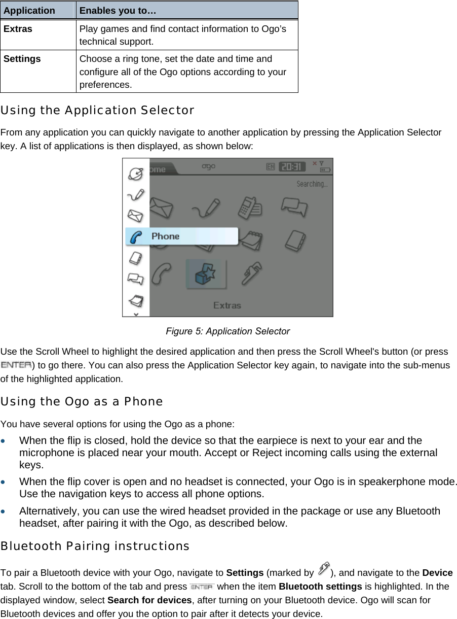 Application  Enables you to… Extras  Play games and find contact information to Ogo’s technical support. Settings  Choose a ring tone, set the date and time and configure all of the Ogo options according to your preferences. Using the Application Selector From any application you can quickly navigate to another application by pressing the Application Selector key. A list of applications is then displayed, as shown below:   Figure 5: Application Selector Use the Scroll Wheel to highlight the desired application and then press the Scroll Wheel&apos;s button (or press ) to go there. You can also press the Application Selector key again, to navigate into the sub-menus of the highlighted application. Using the Ogo as a Phone You have several options for using the Ogo as a phone:  • When the flip is closed, hold the device so that the earpiece is next to your ear and the microphone is placed near your mouth. Accept or Reject incoming calls using the external keys. • When the flip cover is open and no headset is connected, your Ogo is in speakerphone mode. Use the navigation keys to access all phone options.   • Alternatively, you can use the wired headset provided in the package or use any Bluetooth headset, after pairing it with the Ogo, as described below.  Bluetooth Pairing instructions To pair a Bluetooth device with your Ogo, navigate to Settings (marked by  ), and navigate to the Device tab. Scroll to the bottom of the tab and press   when the item Bluetooth settings is highlighted. In the displayed window, select Search for devices, after turning on your Bluetooth device. Ogo will scan for Bluetooth devices and offer you the option to pair after it detects your device.  