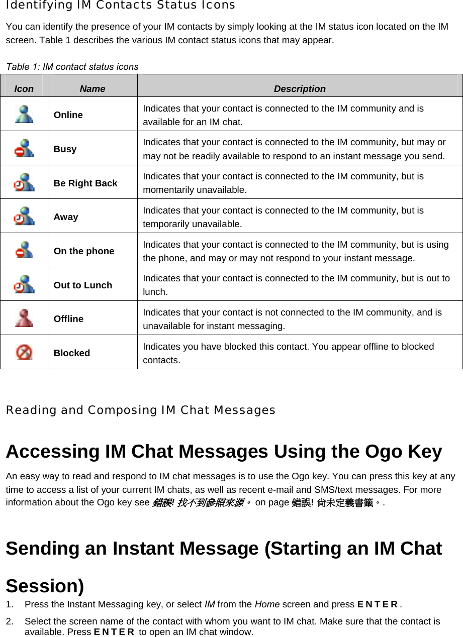 Identifying IM Contacts Status Icons You can identify the presence of your IM contacts by simply looking at the IM status icon located on the IM screen. Table 1 describes the various IM contact status icons that may appear. Table 1: IM contact status icons Icon  Name  Description  Online  Indicates that your contact is connected to the IM community and is available for an IM chat.  Busy  Indicates that your contact is connected to the IM community, but may or may not be readily available to respond to an instant message you send.  Be Right Back  Indicates that your contact is connected to the IM community, but is momentarily unavailable.  Away  Indicates that your contact is connected to the IM community, but is temporarily unavailable.  On the phone  Indicates that your contact is connected to the IM community, but is using the phone, and may or may not respond to your instant message.  Out to Lunch  Indicates that your contact is connected to the IM community, but is out to lunch.  Offline  Indicates that your contact is not connected to the IM community, and is unavailable for instant messaging.  Blocked  Indicates you have blocked this contact. You appear offline to blocked contacts.  Reading and Composing IM Chat Messages Accessing IM Chat Messages Using the Ogo Key An easy way to read and respond to IM chat messages is to use the Ogo key. You can press this key at any time to access a list of your current IM chats, as well as recent e-mail and SMS/text messages. For more information about the Ogo key see 錯誤! 找不到參照來源。 on page 錯誤! 尚未定義書籤。. Sending an Instant Message (Starting an IM Chat Session) 1.  Press the Instant Messaging key, or select IM from the Home screen and press ENTER. 2.  Select the screen name of the contact with whom you want to IM chat. Make sure that the contact is available. Press ENTER to open an IM chat window. 