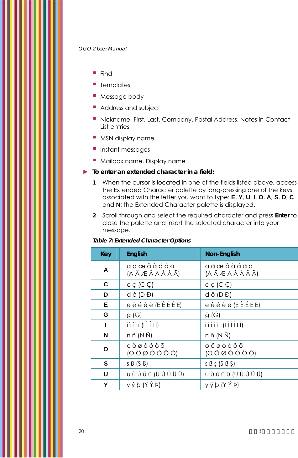   OGO 2 User Manual   20  錯誤! 尚未定義樣式。  Find  Templates  Message body  Address and subject  Nickname, First, Last, Company, Postal Address, Notes in Contact List entries  MSN display name  Instant messages  Mailbox name, Display name ► To enter an extended character in a field: 1 When the cursor is located in one of the fields listed above, access the Extended Character palette by long-pressing one of the keys associated with the letter you want to type: E, Y, U, I, O, A, S, D, C and N; the Extended Character palette is displayed.  2 Scroll through and select the required character and press Enter to close the palette and insert the selected character into your message. Table 7: Extended Character Options Key  English  Non-English A  a ä æ å à á â ã (A Ä Æ Å À Á Â Ã) a ä æ å à á â ã (A Ä Æ Å À Á Â Ã) C  c ç (C Ç)  c ç (C Ç) D  d ð (D Ð)  d ð (D Ð) E  e è é ê ë (E È É Ê Ë)  e è é ê ë (E È É Ê Ë) G  g (G)  ğ (Ğ) I  i ì í î ï (I Ì Í Î Ï)  i ì í î ï ı (I Ì Í Î Ï İ) N  n ñ (N Ñ)  n ñ (N Ñ) O  o ö ø ò ó ô õ (O Ö Ø Ó Ò Ô Õ) o ö ø ò ó ô õ (O Ö Ø Ó Ò Ô Õ) S  s ß (S ß)  s ß ş (S ß Ş) U  u ù ú û ü (U Ù Ú Û Ü)  u ù ú û ü (U Ù Ú Û Ü) Y  y ý þ (Y Ý Þ)  y ý þ (Y Ý Þ)  