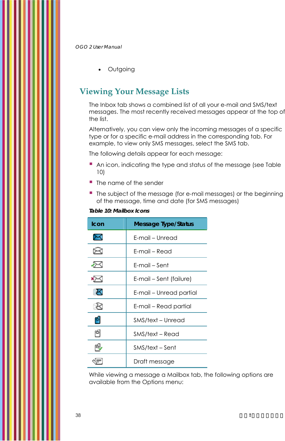   OGO 2 User Manual   38  錯誤! 尚未定義樣式。 • Outgoing Viewing Your Message Lists The Inbox tab shows a combined list of all your e-mail and SMS/text messages. The most recently received messages appear at the top of the list.  Alternatively, you can view only the incoming messages of a specific type or for a specific e-mail address in the corresponding tab. For example, to view only SMS messages, select the SMS tab. The following details appear for each message:  An icon, indicating the type and status of the message (see Table 10)  The name of the sender  The subject of the message (for e-mail messages) or the beginning of the message, time and date (for SMS messages) Table 10: Mailbox Icons Icon  Message Type/Status  E-mail – Unread   E-mail – Read   E-mail – Sent   E-mail – Sent (failure)  E-mail – Unread partial   E-mail – Read partial   SMS/text – Unread   SMS/text – Read   SMS/text – Sent   Draft message While viewing a message a Mailbox tab, the following options are available from the Options menu: 