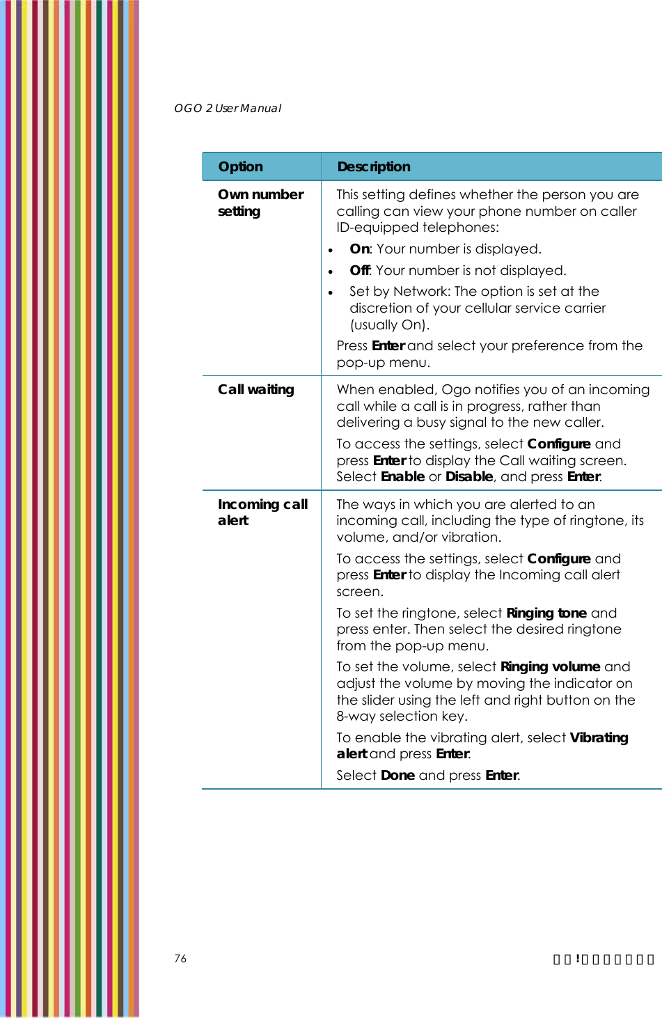  OGO 2 User Manual   76  錯誤! 尚未定義樣式。 Option  Description Own number setting  This setting defines whether the person you are calling can view your phone number on caller ID-equipped telephones: • On: Your number is displayed. • Off: Your number is not displayed. • Set by Network: The option is set at the discretion of your cellular service carrier (usually On). Press Enter and select your preference from the pop-up menu.  Call waiting  When enabled, Ogo notifies you of an incoming call while a call is in progress, rather than delivering a busy signal to the new caller. To access the settings, select Configure and press Enter to display the Call waiting screen. Select Enable or Disable, and press Enter. Incoming call alert  The ways in which you are alerted to an incoming call, including the type of ringtone, its volume, and/or vibration. To access the settings, select Configure and press Enter to display the Incoming call alert screen.  To set the ringtone, select Ringing tone and press enter. Then select the desired ringtone from the pop-up menu. To set the volume, select Ringing volume and adjust the volume by moving the indicator on the slider using the left and right button on the 8-way selection key. To enable the vibrating alert, select Vibrating alert and press Enter. Select Done and press Enter.  