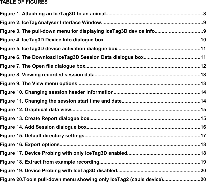 TABLE OF FIGURESFigure 1. Attaching an IceTag3D to an animal......................................................................8Figure 2. IceTagAnalyser Interface Window.........................................................................9Figure 3. The pull-down menu for displaying IceTag3D device info..................................9Figure 4. IceTag3D Device Info dialogue box.....................................................................10Figure 5. IceTag3D device activation dialogue box...........................................................11Figure 6. The Download IceTag3D Session Data dialogue box........................................11Figure 7. The Open file dialogue box..................................................................................12Figure 8. Viewing recorded session data............................................................................13Figure 9. The View menu options........................................................................................13Figure 10. Changing session header information..............................................................14Figure 11. Changing the session start time and date........................................................14Figure 12. Graphical data view.............................................................................................15Figure 13. Create Report dialogue box...............................................................................15Figure 14. Add Session dialogue box.................................................................................16Figure 15. Default directory settings...................................................................................17Figure 16. Export options.....................................................................................................18Figure 17. Device Probing with only IceTag3D enabled....................................................18Figure 18. Extract from example recording........................................................................19Figure 19. Device Probing with IceTag3D disabled............................................................20Figure 20.Tools pull-down menu showing only IceTag2 (cable device)...........................20