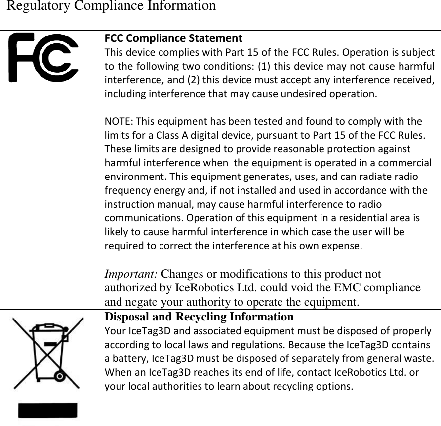    Regulatory Compliance Information   FCC Compliance Statement  This device complies with Part 15 of the FCC Rules. Operation is subject to the following two conditions: (1) this device may not cause harmful interference, and (2) this device must accept any interference received, including interference that may cause undesired operation.  NOTE: This equipment has been tested and found to comply with the limits for a Class A digital device, pursuant to Part 15 of the FCC Rules. These limits are designed to provide reasonable protection against harmful interference when  the equipment is operated in a commercial environment. This equipment generates, uses, and can radiate radio frequency energy and, if not installed and used in accordance with the instruction manual, may cause harmful interference to radio communications. Operation of this equipment in a residential area is likely to cause harmful interference in which case the user will be required to correct the interference at his own expense.  Important: Changes or modifications to this product not authorized by IceRobotics Ltd. could void the EMC compliance and negate your authority to operate the equipment.  Disposal and Recycling Information  Your IceTag3D and associated equipment must be disposed of properly according to local laws and regulations. Because the IceTag3D contains a battery, IceTag3D must be disposed of separately from general waste. When an IceTag3D reaches its end of life, contact IceRobotics Ltd. or your local authorities to learn about recycling options.   
