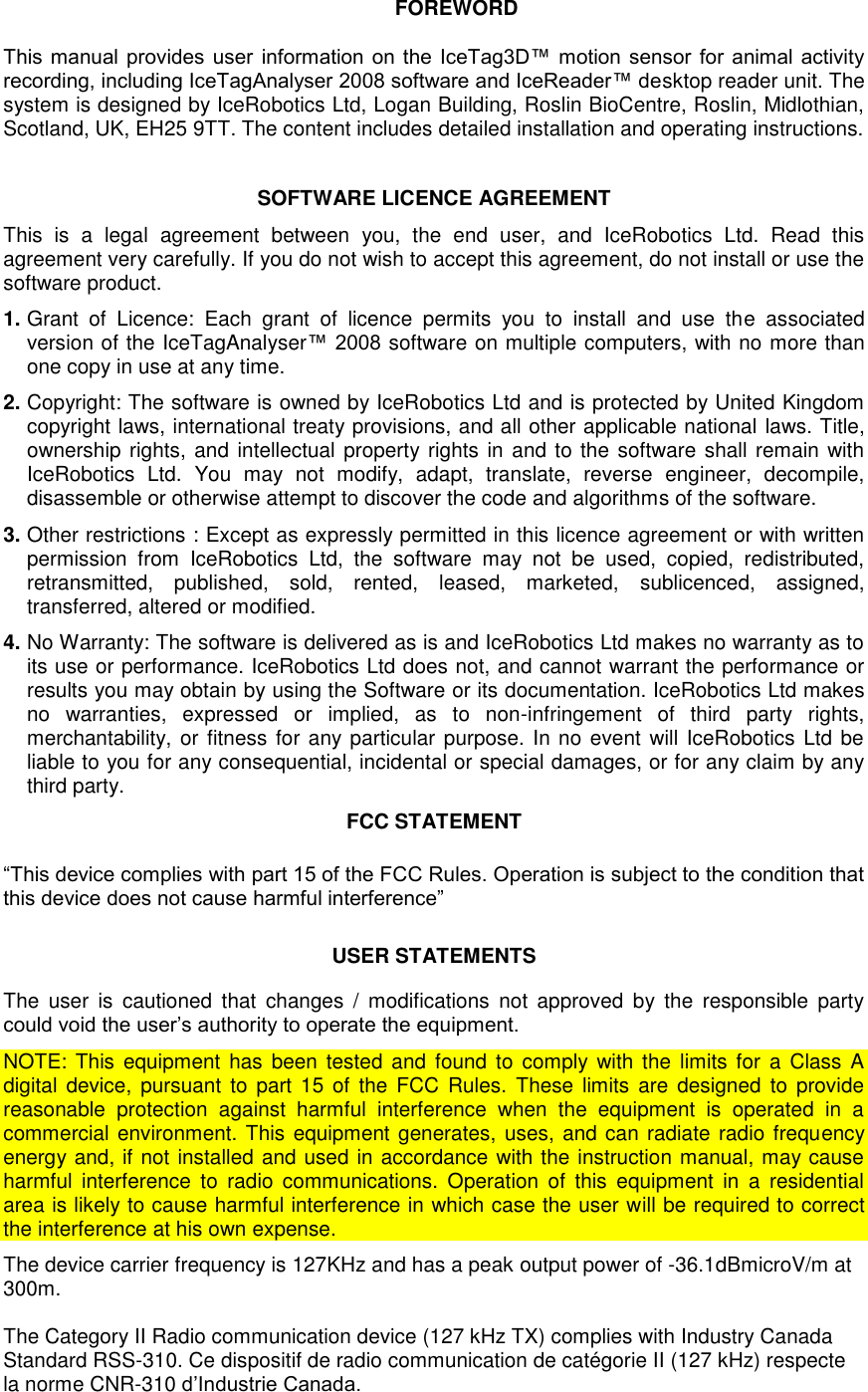 IceRobotics ICE3DTR1 IceReader User Manual TABLE OF CONTENTS