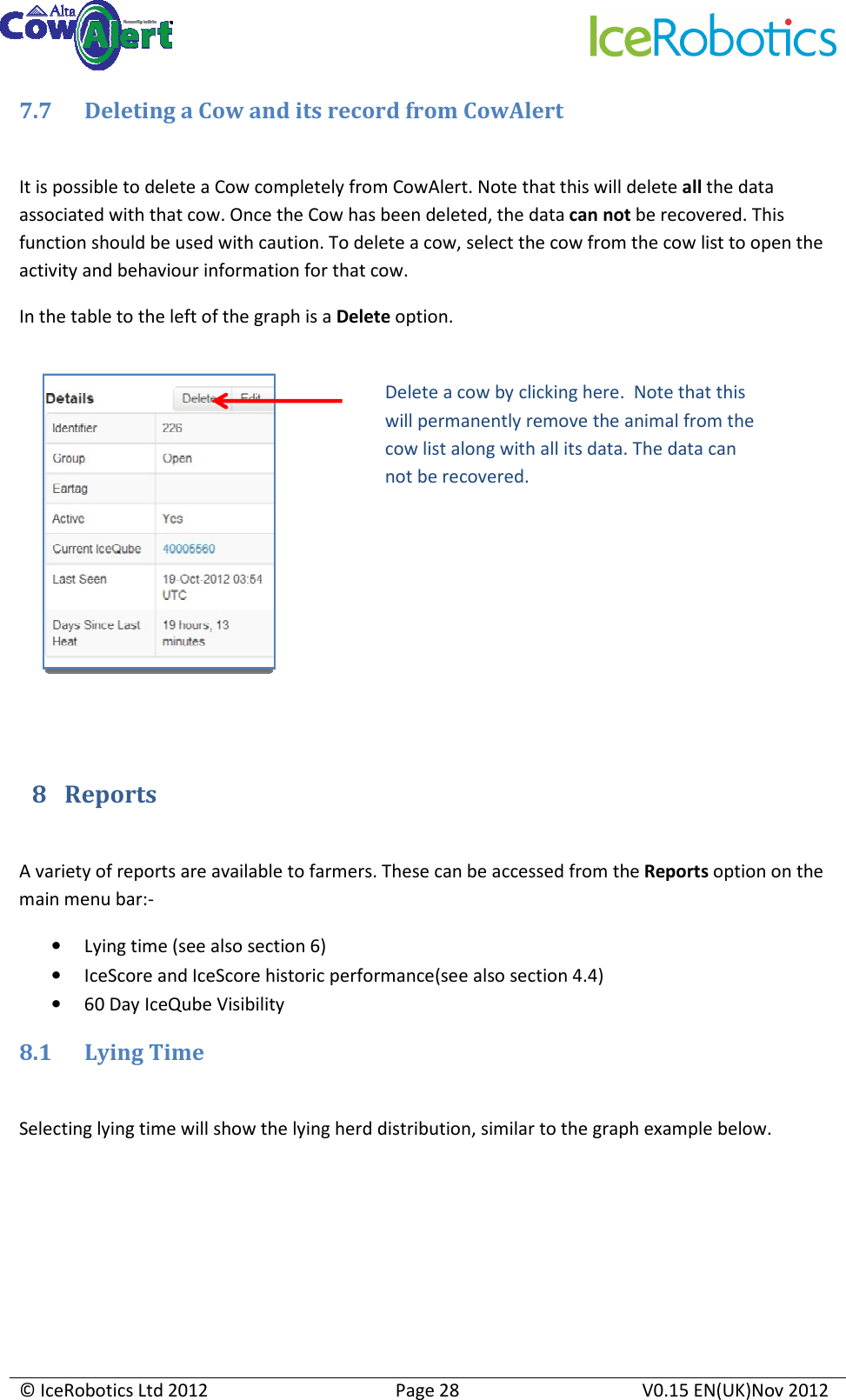     © IceRobotics Ltd 2012  Page 28  V0.15 EN(UK)Nov 2012  7.7 Deleting a Cow and its record from CowAlert  It is possible to delete a Cow completely from CowAlert. Note that this will delete all the data associated with that cow. Once the Cow has been deleted, the data can not be recovered. This function should be used with caution. To delete a cow, select the cow from the cow list to open the activity and behaviour information for that cow. In the table to the left of the graph is a Delete option.       8 Reports  A variety of reports are available to farmers. These can be accessed from the Reports option on the main menu bar:- • Lying time (see also section 6) • IceScore and IceScore historic performance(see also section 4.4) • 60 Day IceQube Visibility 8.1 Lying Time  Selecting lying time will show the lying herd distribution, similar to the graph example below. Delete a cow by clicking here.  Note that this will permanently remove the animal from the cow list along with all its data. The data can not be recovered. 