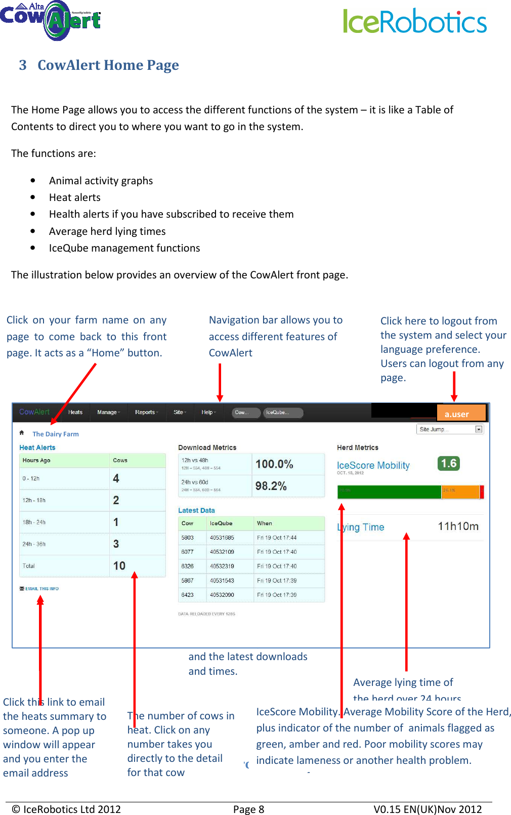     © IceRobotics Ltd 2012  Page 8  V0.15 EN(UK)Nov 2012  3 CowAlert Home Page  The Home Page allows you to access the different functions of the system – it is like a Table of Contents to direct you to where you want to go in the system. The functions are: • Animal activity graphs • Heat alerts • Health alerts if you have subscribed to receive them • Average herd lying times • IceQube management functions The illustration below provides an overview of the CowAlert front page.         3.1 Navigation Bar Details (User profile and language selection)  Navigation bar allows you to access different features of CowAlert The number of cows in heat. Click on any number takes you directly to the detail for that cow (see section 4) Average lying time of the herd over 24 hours The middle section shows the download performance and the latest downloads and times.  Click  on  your  farm  name  on  any page  to  come  back  to  this  front page. It acts as a “Home” button. Click here to logout from the system and select your language preference. Users can logout from any page. Click this link to email the heats summary to someone. A pop up window will appear and you enter the email address  IceScore Mobility. Average Mobility Score of the Herd, plus indicator of the number of  animals flagged as green, amber and red. Poor mobility scores may indicate lameness or another health problem. measure of   a.user The Dairy Farm 