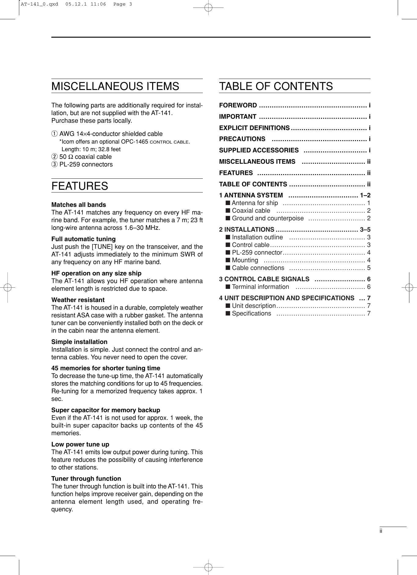 Page 3 of 11 - Icom Icom-At-141-Users-Manual- AT-141 Instruction Manual  Icom-at-141-users-manual