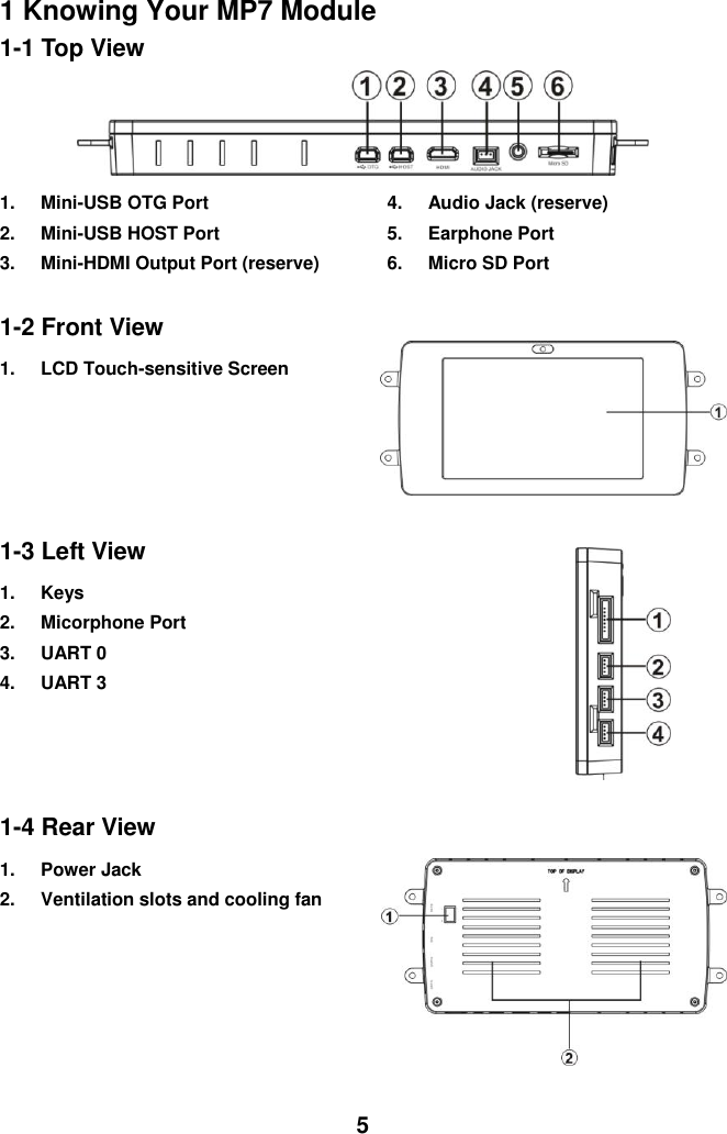  5 1 Knowing Your MP7 Module 1-1 Top View  1.  Mini-USB OTG Port   2.  Mini-USB HOST Port 3.  Mini-HDMI Output Port (reserve) 4.  Audio Jack (reserve)   5.  Earphone Port 6.  Micro SD Port 1-2 Front View 1.  LCD Touch-sensitive Screen                             1-3 Left View 1.  Keys   2.  Micorphone Port 3.  UART 0 4.  UART 3    1-4 Rear View 1.  Power Jack   2. Ventilation slots and cooling fan     