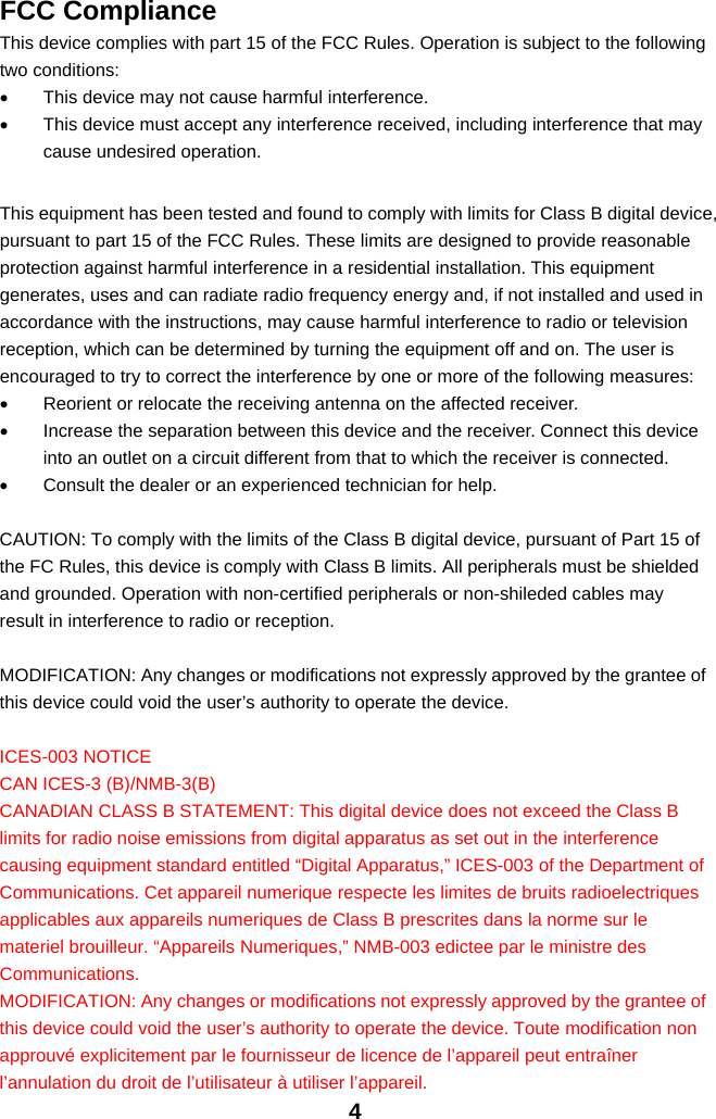 4FCC ComplianceThis device complies with part 15 of the FCC Rules. Operation is subject to the followingtwo conditions:•This device may not cause harmful interference.•This device must accept any interference received, including interference that maycause undesired operation.This equipment has been tested and found to comply with limits for Class B digital device,pursuant to part 15 of the FCC Rules. These limits are designed to provide reasonableprotection against harmful interference in a residential installation. This equipmentgenerates, uses and can radiate radio frequency energy and, if not installed and used inaccordance with the instructions, may cause harmful interference to radio or televisionreception, which can be determined by turning the equipment off and on. The user isencouraged to try to correct the interference by one or more of the following measures:•Reorient or relocate the receiving antenna on the affected receiver.•Increase the separation between this device and the receiver. Connect this deviceinto an outlet on a circuit different from that to which the receiver is connected.•Consult the dealer or an experienced technician for help.CAUTION: To comply with the limits of the Class B digital device, pursuant of Part 15 ofthe FC Rules, this device is comply with Class B limits. All peripherals must be shieldedand grounded. Operation with non-certified peripherals or non-shileded cables mayresult in interference to radio or reception.MODIFICATION: Any changes or modifications not expressly approved by the grantee ofthis device could void the user’s authority to operate the device.ICES-003 NOTICECAN ICES-3 (B)/NMB-3(B)CANADIAN CLASS B STATEMENT: This digital device does not exceed the Class Blimits for radio noise emissions from digital apparatus as set out in the interferencecausing equipment standard entitled “Digital Apparatus,” ICES-003 of the Department ofCommunications. Cet appareil numerique respecte les limites de bruits radioelectriquesapplicables aux appareils numeriques de Class B prescrites dans la norme sur lemateriel brouilleur. “Appareils Numeriques,” NMB-003 edictee par le ministre desCommunications.MODIFICATION: Any changes or modifications not expressly approved by the grantee ofthis device could void the user’s authority to operate the device. Toute modification nonapprouvé explicitement par le fournisseur de licence de l’appareil peut entraînerl’annulation du droit de l’utilisateur à utiliser l’appareil.