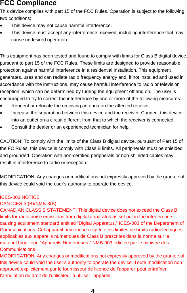 4FCC ComplianceThis device complies with part 15 of the FCC Rules. Operation is subject to the followingtwo conditions:•This device may not cause harmful interference.•This device must accept any interference received, including interference that maycause undesired operation.This equipment has been tested and found to comply with limits for Class B digital device,pursuant to part 15 of the FCC Rules. These limits are designed to provide reasonableprotection against harmful interference in a residential installation. This equipmentgenerates, uses and can radiate radio frequency energy and, if not installed and used inaccordance with the instructions, may cause harmful interference to radio or televisionreception, which can be determined by turning the equipment off and on. The user isencouraged to try to correct the interference by one or more of the following measures:•Reorient or relocate the receiving antenna on the affected receiver.•Increase the separation between this device and the receiver. Connect this deviceinto an outlet on a circuit different from that to which the receiver is connected.•Consult the dealer or an experienced technician for help.CAUTION: To comply with the limits of the Class B digital device, pursuant of Part 15 ofthe FC Rules, this device is comply with Class B limits. All peripherals must be shieldedand grounded. Operation with non-certified peripherals or non-shileded cables mayresult in interference to radio or reception.MODIFICATION: Any changes or modifications not expressly approved by the grantee ofthis device could void the user’s authority to operate the device.ICES-003 NOTICECAN ICES-3 (B)/NMB-3(B)CANADIAN CLASS B STATEMENT: This digital device does not exceed the Class Blimits for radio noise emissions from digital apparatus as set out in the interferencecausing equipment standard entitled “Digital Apparatus,” ICES-003 of the Department ofCommunications. Cet appareil numerique respecte les limites de bruits radioelectriquesapplicables aux appareils numeriques de Class B prescrites dans la norme sur lemateriel brouilleur. “Appareils Numeriques,” NMB-003 edictee par le ministre desCommunications.MODIFICATION: Any changes or modifications not expressly approved by the grantee ofthis device could void the user’s authority to operate the device. Toute modification nonapprouvé explicitement par le fournisseur de licence de l’appareil peut entraînerl’annulation du droit de l’utilisateur à utiliser l’appareil.