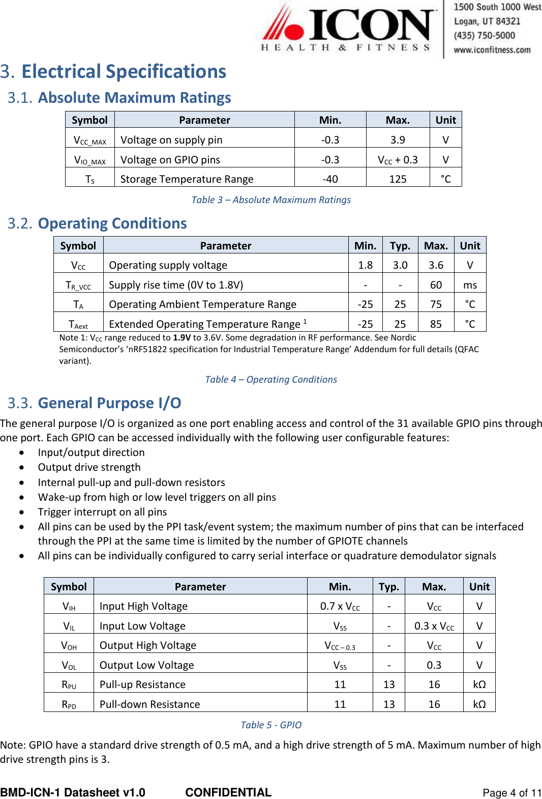  BMD-ICN-1 Datasheet v1.0  CONFIDENTIAL  Page 4 of 11 3. Electrical Specifications 3.1. Absolute Maximum Ratings Symbol Parameter Min. Max. Unit VCC_MAX Voltage on supply pin -0.3 3.9 V VIO_MAX Voltage on GPIO pins -0.3 VCC + 0.3 V TS Storage Temperature Range -40 125 °C Table 3 – Absolute Maximum Ratings 3.2. Operating Conditions Symbol Parameter Min. Typ. Max. Unit VCC Operating supply voltage 1.8 3.0 3.6 V TR_VCC Supply rise time (0V to 1.8V) - - 60 ms TA Operating Ambient Temperature Range -25 25 75 °C TAext Extended Operating Temperature Range 1 -25 25 85 °C Note 1: VCC range reduced to 1.9V to 3.6V. Some degradation in RF performance. See Nordic Semiconductor’s ‘nRF51822 specification for Industrial Temperature Range’ Addendum for full details (QFAC variant). Table 4 – Operating Conditions 3.3. General Purpose I/O The general purpose I/O is organized as one port enabling access and control of the 31 available GPIO pins through one port. Each GPIO can be accessed individually with the following user configurable features:  Input/output direction  Output drive strength  Internal pull-up and pull-down resistors  Wake-up from high or low level triggers on all pins  Trigger interrupt on all pins  All pins can be used by the PPI task/event system; the maximum number of pins that can be interfaced through the PPI at the same time is limited by the number of GPIOTE channels  All pins can be individually configured to carry serial interface or quadrature demodulator signals  Symbol Parameter Min. Typ. Max. Unit VIH Input High Voltage 0.7 x VCC - VCC V VIL Input Low Voltage VSS - 0.3 x VCC V VOH Output High Voltage VCC – 0.3 - VCC V VOL Output Low Voltage VSS - 0.3 V RPU Pull-up Resistance 11 13 16 kΩ RPD Pull-down Resistance 11 13 16 kΩ Table 5 - GPIO Note: GPIO have a standard drive strength of 0.5 mA, and a high drive strength of 5 mA. Maximum number of high drive strength pins is 3. 