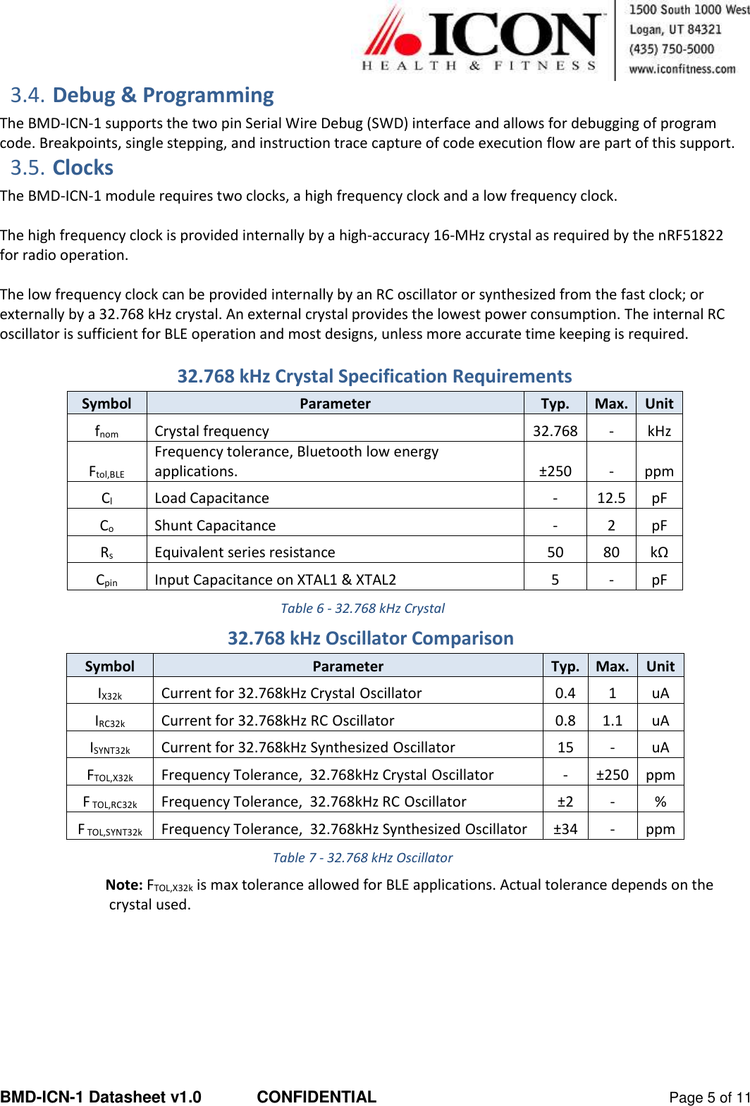  BMD-ICN-1 Datasheet v1.0  CONFIDENTIAL  Page 5 of 11 3.4. Debug &amp; Programming The BMD-ICN-1 supports the two pin Serial Wire Debug (SWD) interface and allows for debugging of program code. Breakpoints, single stepping, and instruction trace capture of code execution flow are part of this support. 3.5. Clocks The BMD-ICN-1 module requires two clocks, a high frequency clock and a low frequency clock.   The high frequency clock is provided internally by a high-accuracy 16-MHz crystal as required by the nRF51822 for radio operation.  The low frequency clock can be provided internally by an RC oscillator or synthesized from the fast clock; or externally by a 32.768 kHz crystal. An external crystal provides the lowest power consumption. The internal RC oscillator is sufficient for BLE operation and most designs, unless more accurate time keeping is required.  32.768 kHz Crystal Specification Requirements Symbol Parameter Typ. Max. Unit fnom Crystal frequency 32.768 - kHz Ftol,BLE Frequency tolerance, Bluetooth low energy applications. ±250 - ppm Cl Load Capacitance - 12.5 pF Co Shunt Capacitance - 2 pF Rs Equivalent series resistance 50 80 kΩ Cpin Input Capacitance on XTAL1 &amp; XTAL2 5 - pF Table 6 - 32.768 kHz Crystal 32.768 kHz Oscillator Comparison Symbol Parameter Typ. Max. Unit IX32k Current for 32.768kHz Crystal Oscillator 0.4 1 uA IRC32k Current for 32.768kHz RC Oscillator 0.8 1.1 uA ISYNT32k Current for 32.768kHz Synthesized Oscillator 15 - uA FTOL,X32k Frequency Tolerance,  32.768kHz Crystal Oscillator - ±250 ppm F TOL,RC32k Frequency Tolerance,  32.768kHz RC Oscillator ±2 - % F TOL,SYNT32k Frequency Tolerance,  32.768kHz Synthesized Oscillator ±34 - ppm Table 7 - 32.768 kHz Oscillator Note: FTOL,X32k is max tolerance allowed for BLE applications. Actual tolerance depends on the  crystal used.     