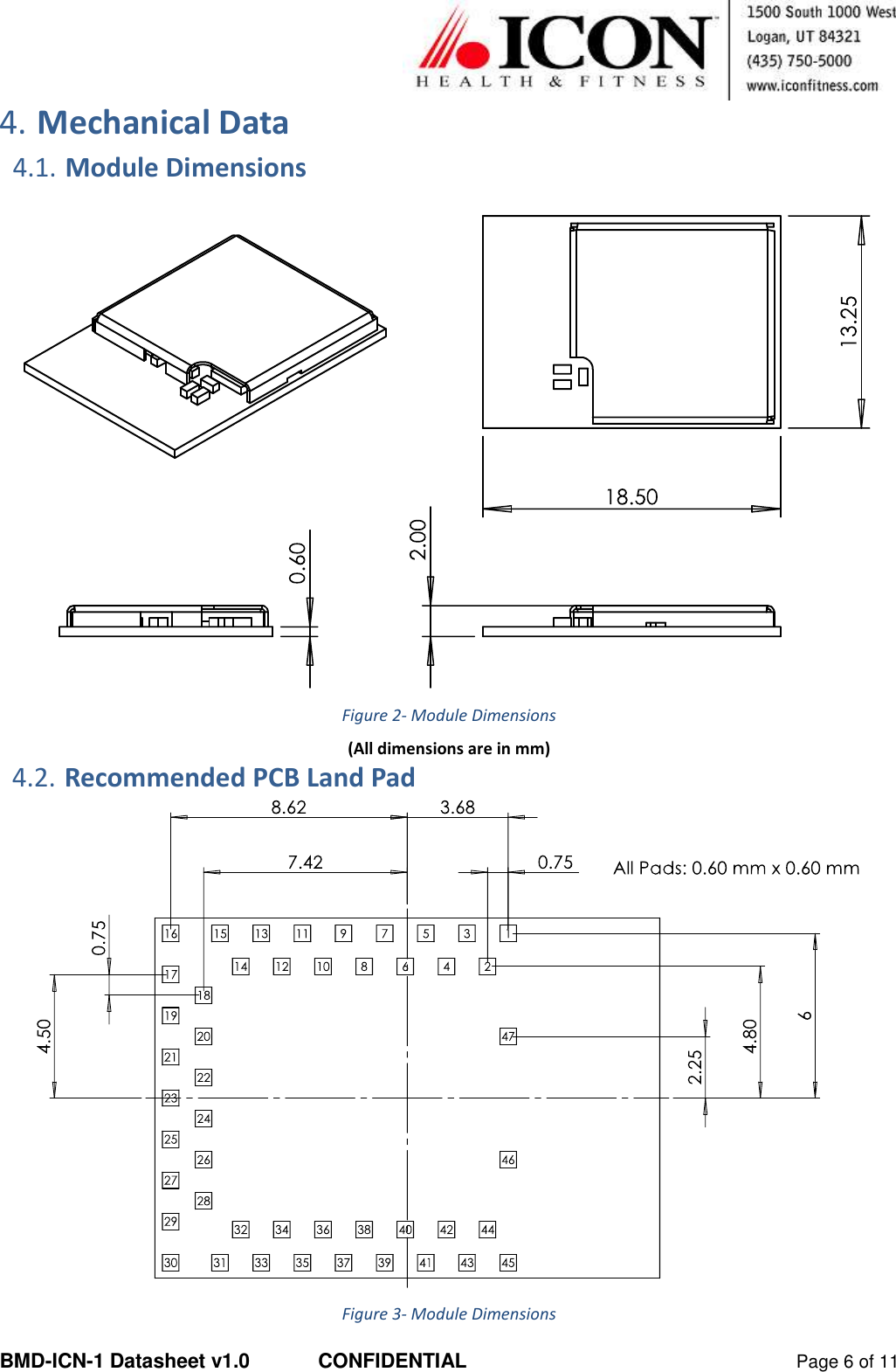  BMD-ICN-1 Datasheet v1.0  CONFIDENTIAL  Page 6 of 11 4. Mechanical Data  4.1. Module Dimensions   Figure 2- Module Dimensions (All dimensions are in mm) 4.2. Recommended PCB Land Pad  Figure 3- Module Dimensions 