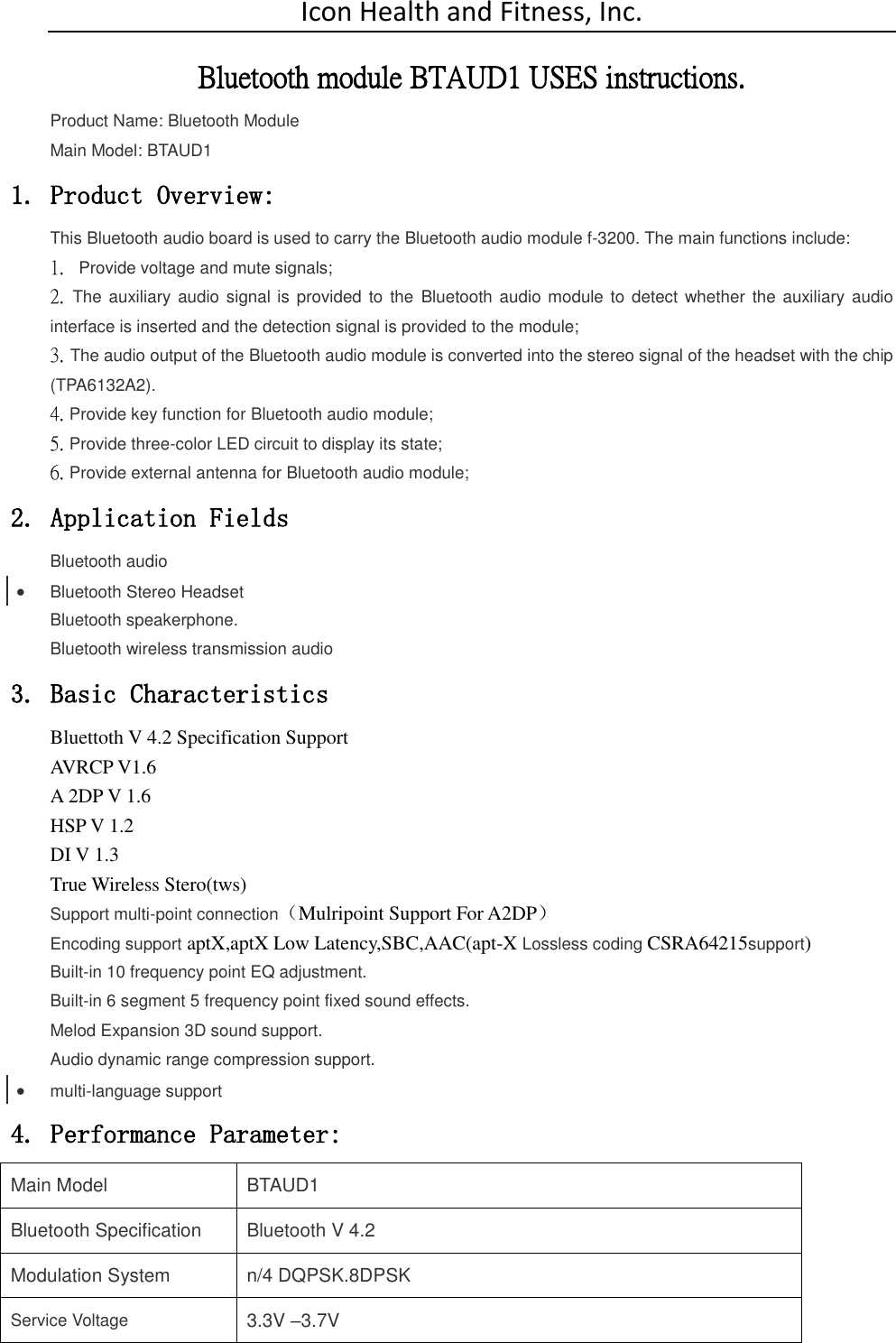 Page 1 of Icon Health and Fitness BTAUD1 Bluetooth Module User Manual 