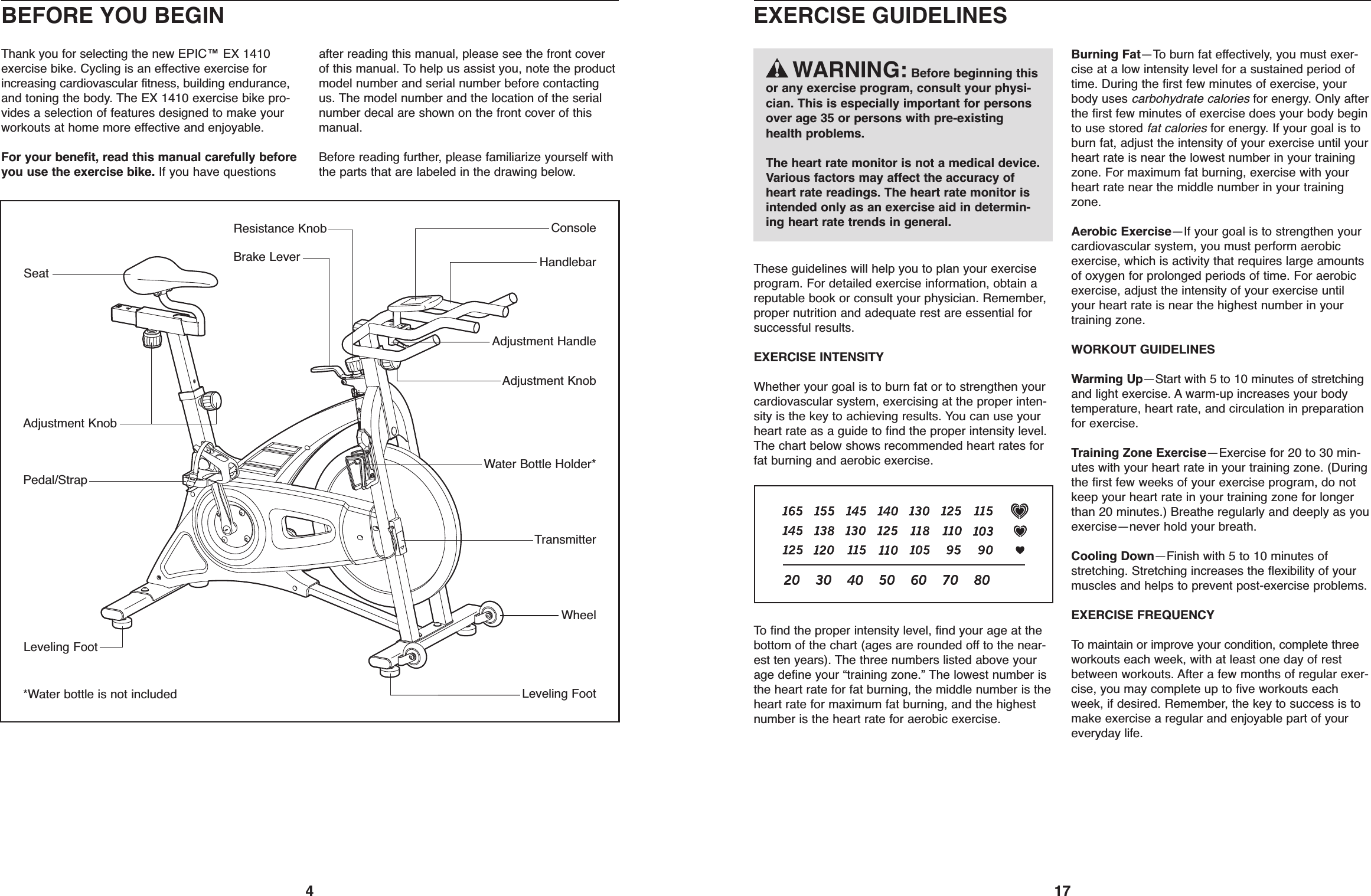 17These guidelines will help you to plan your exerciseprogram. For detailed exercise information, obtain areputable book or consult your physician. Remember,proper nutrition and adequate rest are essential forsuccessful results.EXERCISE INTENSITYWhether your goal is to burn fat or to strengthen yourcardiovascular system, exercising at the proper inten-sity is the key to achieving results. You can use yourheart rate as a guide to find the proper intensity level.The chart below shows recommended heart rates forfat burning and aerobic exercise.To find the proper intensity level, find your age at thebottom of the chart (ages are rounded off to the near-est ten years). The three numbers listed above yourage define your “training zone.” The lowest number isthe heart rate for fat burning, the middle number is theheart rate for maximum fat burning, and the highestnumber is the heart rate for aerobic exercise.Burning Fat—To burn fat effectively, you must exer-cise at a low intensity level for a sustained period oftime. During the first few minutes of exercise, yourbody uses carbohydrate calories for energy. Only afterthe first few minutes of exercise does your body beginto use stored fat calories for energy. If your goal is toburn fat, adjust the intensity of your exercise until yourheart rate is near the lowest number in your trainingzone. For maximum fat burning, exercise with yourheart rate near the middle number in your trainingzone.Aerobic Exercise—If your goal is to strengthen yourcardiovascular system, you must perform aerobicexercise, which is activity that requires large amountsof oxygen for prolonged periods of time. For aerobicexercise, adjust the intensity of your exercise untilyour heart rate is near the highest number in yourtraining zone.WORKOUT GUIDELINESWarming Up—Start with 5 to 10 minutes of stretchingand light exercise. A warm-up increases your bodytemperature, heart rate, and circulation in preparationfor exercise.Training Zone Exercise—Exercise for 20 to 30 min-utes with your heart rate in your training zone. (Duringthe first few weeks of your exercise program, do notkeep your heart rate in your training zone for longerthan 20 minutes.) Breathe regularly and deeply as youexercise—never hold your breath.Cooling Down—Finish with 5 to 10 minutes ofstretching. Stretching increases the flexibility of yourmuscles and helps to prevent post-exercise problems.EXERCISE FREQUENCYTo maintain or improve your condition, complete threeworkouts each week, with at least one day of restbetween workouts. After a few months of regular exer-cise, you may complete up to five workouts eachweek, if desired. Remember, the key to success is tomake exercise a regular and enjoyable part of youreveryday life.EXERCISE GUIDELINESWARNING: Before beginning thisor any exercise program, consult your physi-cian. This is especially important for personsover age 35 or persons with pre-existinghealth problems.The heart rate monitor is not a medical device.Various factors may affect the accuracy ofheart rate readings. The heart rate monitor isintended only as an exercise aid in determin-ing heart rate trends in general.4Thank you for selecting the new EPIC™ EX 1410exercise bike. Cycling is an effective exercise forincreasing cardiovascular fitness, building endurance,and toning the body. The EX 1410 exercise bike pro-vides a selection of features designed to make yourworkouts at home more effective and enjoyable.For your benefit, read this manual carefully beforeyou use the exercise bike. If you have questionsafter reading this manual, please see the front coverof this manual. To help us assist you, note the productmodel number and serial number before contactingus. The model number and the location of the serialnumber decal are shown on the front cover of thismanual.Before reading further, please familiarize yourself withthe parts that are labeled in the drawing below.Resistance KnobBrake LeverSeatAdjustment KnobAdjustment KnobAdjustment HandlePedal/StrapWater Bottle Holder*Leveling FootHandlebarConsoleTransmitterBEFORE YOU BEGINWheelLeveling Foot*Water bottle is not included