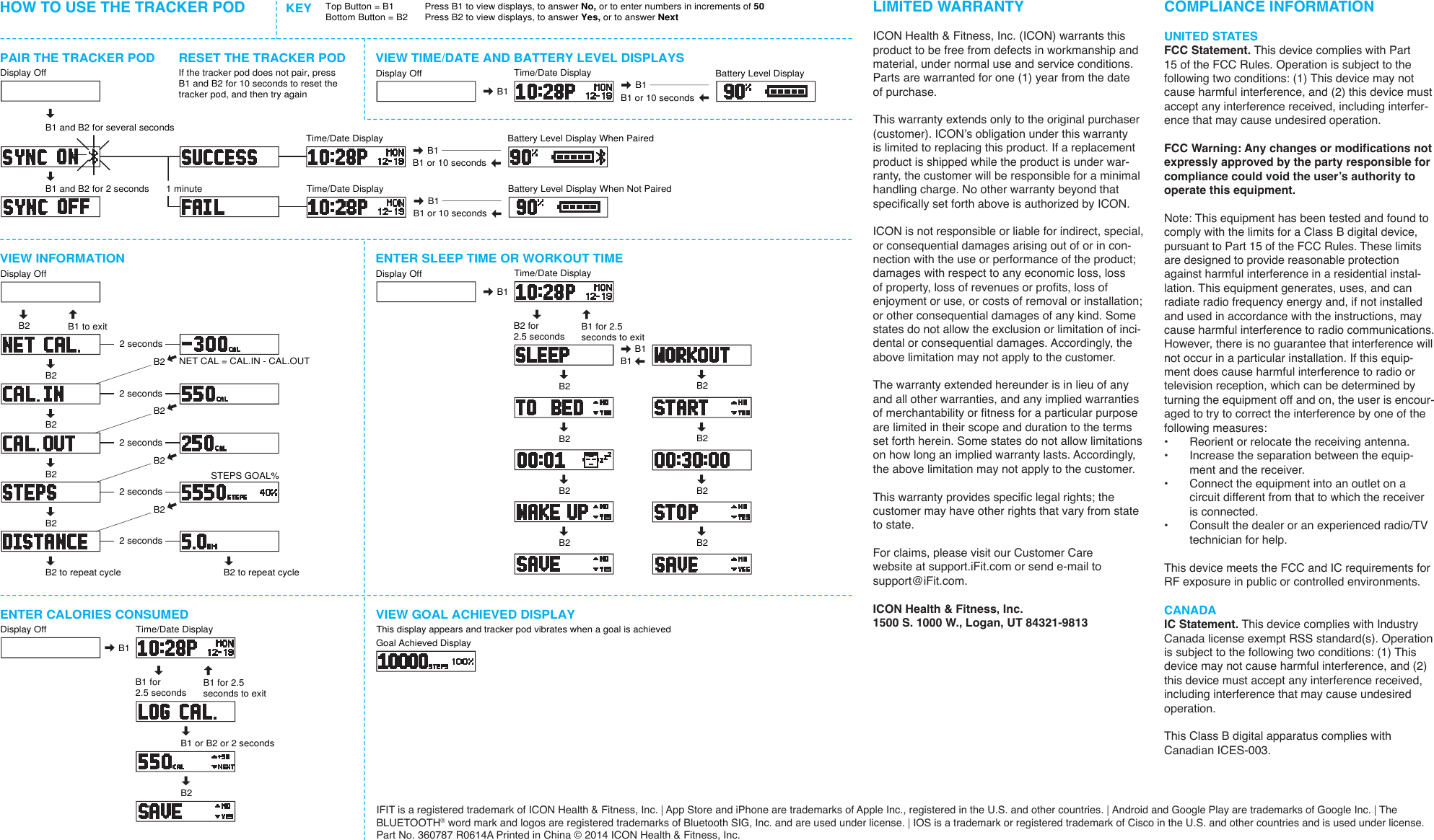 LIMITED WARRANTYICON Health &amp; Fitness, Inc. (ICON) warrants this product to be free from defects in workmanship and material, under normal use and service conditions. Parts are warranted for one (1) year from the date of purchase. This warranty extends only to the original purchaser (customer). ICON’s obligation under this warranty is limited to replacing this product. If a replacement product is shipped while the product is under war-ranty, the customer will be responsible for a minimal handling charge. No other warranty beyond that specifically set forth above is authorized by ICON.ICON is not responsible or liable for indirect, special, or consequential damages arising out of or in con-nection with the use or performance of the product; damages with respect to any economic loss, loss of property, loss of revenues or profits, loss of enjoyment or use, or costs of removal or installation; or other consequential damages of any kind. Some states do not allow the exclusion or limitation of inci-dental or consequential damages. Accordingly, the above limitation may not apply to the customer.The warranty extended hereunder is in lieu of any and all other warranties, and any implied warranties of merchantability or fitness for a particular purpose are limited in their scope and duration to the terms set forth herein. Some states do not allow limitations on how long an implied warranty lasts. Accordingly, the above limitation may not apply to the customer.This warranty provides specific legal rights; the customer may have other rights that vary from state to state.For claims, please visit our Customer Care website at support.iFit.com or send e-mail to support@iFit.com.ICON Health &amp; Fitness, Inc.1500 S. 1000 W., Logan, UT 84321-9813COMPLIANCE INFORMATIONUNITED STATESFCC Statement. This device complies with Part 15 of the FCC Rules. Operation is subject to the following two conditions: (1) This device may not cause harmful interference, and (2) this device must accept any interference received, including interfer-ence that may cause undesired operation. FCC Warning: Any changes or modifications not expressly approved by the party responsible for compliance could void the user’s authority to operate this equipment. Note: This equipment has been tested and found to comply with the limits for a Class B digital device, pursuant to Part 15 of the FCC Rules. These limits are designed to provide reasonable protection against harmful interference in a residential instal-lation. This equipment generates, uses, and can radiate radio frequency energy and, if not installed and used in accordance with the instructions, may cause harmful interference to radio communications. However, there is no guarantee that interference will not occur in a particular installation. If this equip-ment does cause harmful interference to radio or television reception, which can be determined by turning the equipment off and on, the user is encour-aged to try to correct the interference by one of the following measures: •  Reorient or relocate the receiving antenna. •  Increase the separation between the equip-ment and the receiver.•  Connect the equipment into an outlet on a circuit different from that to which the receiver is connected.•  Consult the dealer or an experienced radio/TV technician for help.This device meets the FCC and IC requirements for RF exposure in public or controlled environments.CANADAIC Statement. This device complies with Industry Canada license exempt RSS standard(s). Operation is subject to the following two conditions: (1) This device may not cause harmful interference, and (2) this device must accept any interference received, including interference that may cause undesired operation. This Class B digital apparatus complies with Canadian ICES-003.HOW TO USE THE TRACKER PODKEY Top Button = B1Bottom Button = B2 Press B1 to view displays, to answer No, or to enter numbers in increments of 50Press B2 to view displays, to answer Yes, or to answer NextVIEW GOAL ACHIEVED DISPLAYGoal Achieved Display This display appears and tracker pod vibrates when a goal is achievedENTER CALORIES CONSUMEDDisplay OffB1B1 or B2 or 2 secondsB2Time/Date DisplayB1 for2.5 seconds B1 for 2.5 seconds to exit RESET THE TRACKER PODIf the tracker pod does not pair, press B1 and B2 for 10 seconds to reset the tracker pod, and then try againDisplay OffVIEW INFORMATIONNET CAL = CAL.IN - CAL.OUT2 seconds2 secondsB2B2B1 to exitB2B2B2B2B2 to repeat cycle B2 to repeat cycleSTEPS GOAL%2 secondsB22 seconds2 secondsB2B2ENTER SLEEP TIME OR WORKOUT TIMEDisplay OffB1Time/Date DisplayB2 for2.5 seconds B1 for 2.5 seconds to exitB2 B2B2 B2B1B1B2 B2B2 B2VIEW TIME/DATE AND BATTERY LEVEL DISPLAYSDisplay OffB1Time/Date Display Battery Level Display B1 B1 or 10 secondsDisplay OffPAIR THE TRACKER PODB1 and B2 for several secondsB1 and B2 for 2 seconds 1 minuteTime/Date Display Battery Level Display When Paired Time/Date Display Battery Level Display When Not Paired  B1 B1 or 10 secondsB1 B1 or 10 secondsIFIT is a registered trademark of ICON Health &amp; Fitness, Inc. | App Store and iPhone are trademarks of Apple Inc., registered in the U.S. and other countries. | Android and Google Play are trademarks of Google Inc. | The BLUETOOTH® word mark and logos are registered trademarks of Bluetooth SIG, Inc. and are used under license. | IOS is a trademark or registered trademark of Cisco in the U.S. and other countries and is used under license. Part No. 360787 R0614A Printed in China © 2014 ICON Health &amp; Fitness, Inc.