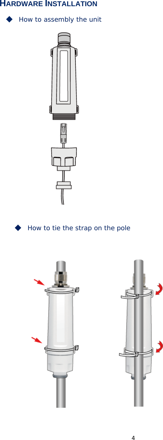 4HARDWARE INSTALLATION     ◆　How to assembly the unit◆　How to tie the strap on the pole 
