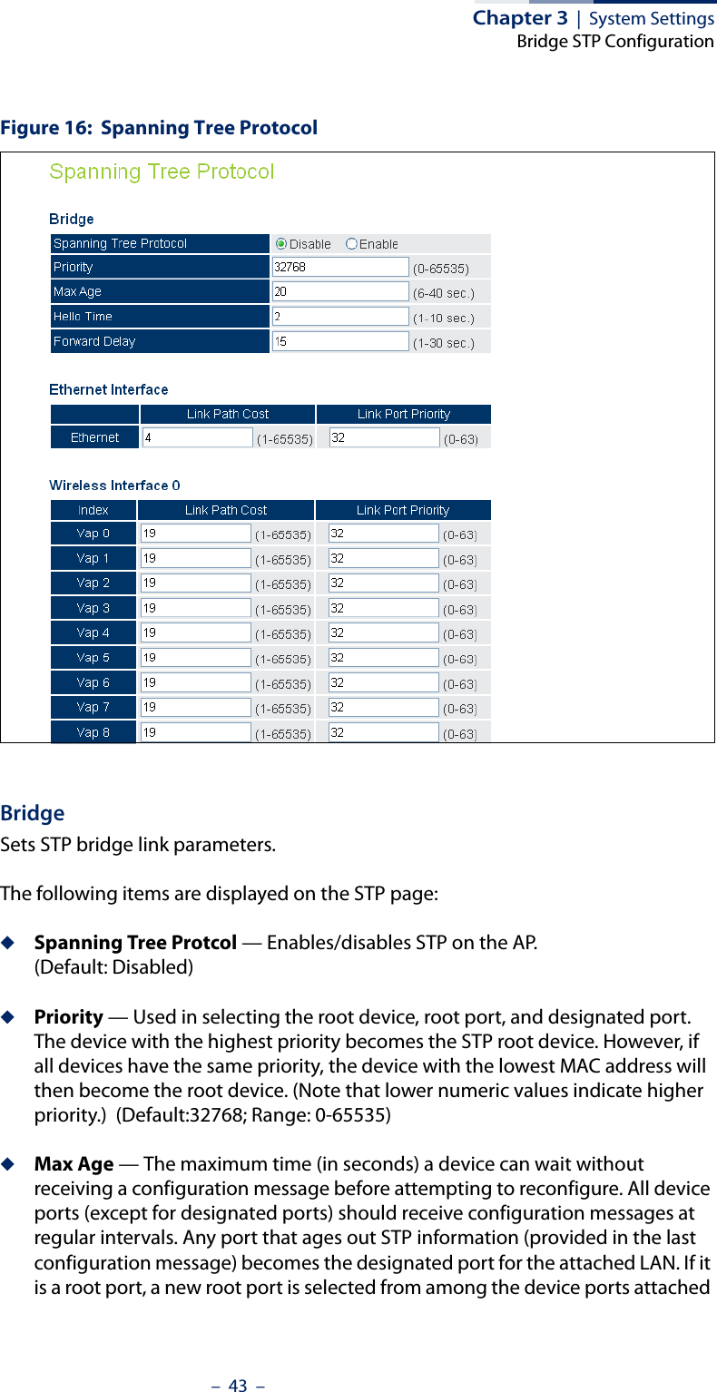 Chapter 3  |  System SettingsBridge STP Configuration–  43  –Figure 16:  Spanning Tree ProtocolBridgeSets STP bridge link parameters.The following items are displayed on the STP page:◆Spanning Tree Protcol — Enables/disables STP on the AP. (Default: Disabled)◆Priority — Used in selecting the root device, root port, and designated port. The device with the highest priority becomes the STP root device. However, if all devices have the same priority, the device with the lowest MAC address will then become the root device. (Note that lower numeric values indicate higher priority.)  (Default:32768; Range: 0-65535)◆Max Age — The maximum time (in seconds) a device can wait without receiving a configuration message before attempting to reconfigure. All device ports (except for designated ports) should receive configuration messages at regular intervals. Any port that ages out STP information (provided in the last configuration message) becomes the designated port for the attached LAN. If it is a root port, a new root port is selected from among the device ports attached 