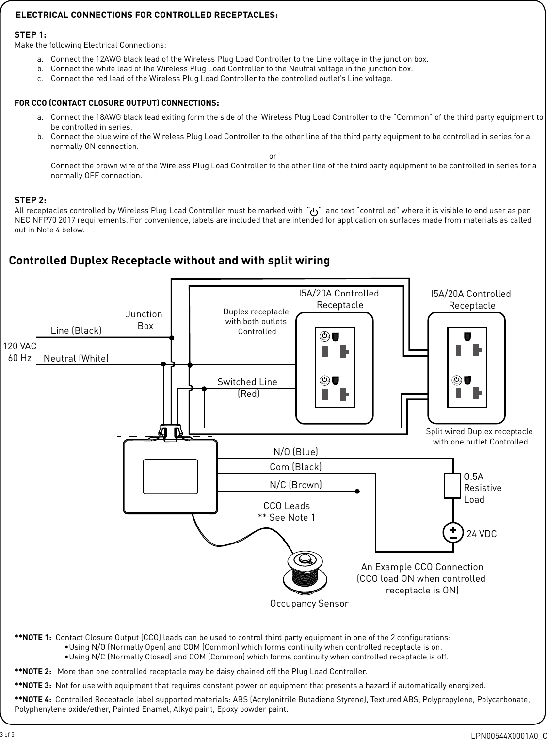 LPN00544X0001A0_C3 of 5ELECTRICAL CONNECTIONS FOR CONTROLLED RECEPTACLES:STEP 1:Make the following Electrical Connections:a.  Connect the 12AWG black lead of the Wireless Plug Load Controller to the Line voltage in the junction box.b.  Connect the white lead of the Wireless Plug Load Controller to the Neutral voltage in the junction box.c.  Connect the red lead of the Wireless Plug Load Controller to the controlled outlet’s Line voltage.FOR CCO (CONTACT CLOSURE OUTPUT) CONNECTIONS:a.  Connect the 18AWG black lead exiting form the side of the  Wireless Plug Load Controller to the “Common” of the third party equipment to be controlled in series.b.  Connect the blue wire of the Wireless Plug Load Controller to the other line of the third party equipment to be controlled in series for a normally ON connection.orConnect the brown wire of the Wireless Plug Load Controller to the other line of the third party equipment to be controlled in series for a normally OFF connection.STEP 2:All receptacles controlled by Wireless Plug Load Controller must be marked with  “    “  and text “controlled” where it is visible to end user as per NEC NFP70 2017 requirements. For convenience, labels are included that are intended for application on surfaces made from materials as called out in Note 4 below.  **NOTE 1:  Contact Closure Output (CCO) leads can be used to control third party equipment in one of the 2 configurations:• Using N/O (Normally Open) and COM (Common) which forms continuity when controlled receptacle is on.• Using N/C (Normally Closed) and COM (Common) which forms continuity when controlled receptacle is off. **NOTE 2:   More than one controlled receptacle may be daisy chained off the Plug Load Controller.**NOTE 3:  Not for use with equipment that requires constant power or equipment that presents a hazard if automatically energized.**NOTE 4:  Controlled Receptacle label supported materials: ABS (Acrylonitrile Butadiene Styrene), Textured ABS, Polypropylene, Polycarbonate, Polyphenylene oxide/ether, Painted Enamel, Alkyd paint, Epoxy powder paint. Line (Black)Neutral (White)120 VAC60 HzSwitched Line (Red)I5A/20A Controlled ReceptacleN/O (Blue)Com (Black)N/C (Brown)CCO Leads** See Note 124 VDCO.5AResistiveLoadAn Example CCO Connection(CCO load ON when controlled receptacle is ON)Junction BoxCONTROLLEDCONTROLLEDI5A/20A Controlled ReceptacleCONTROLLEDDuplex receptacle with both outlets ControlledSplit wired Duplex receptacle with one outlet ControlledOccupancy SensorControlled Duplex Receptacle without and with split wiring