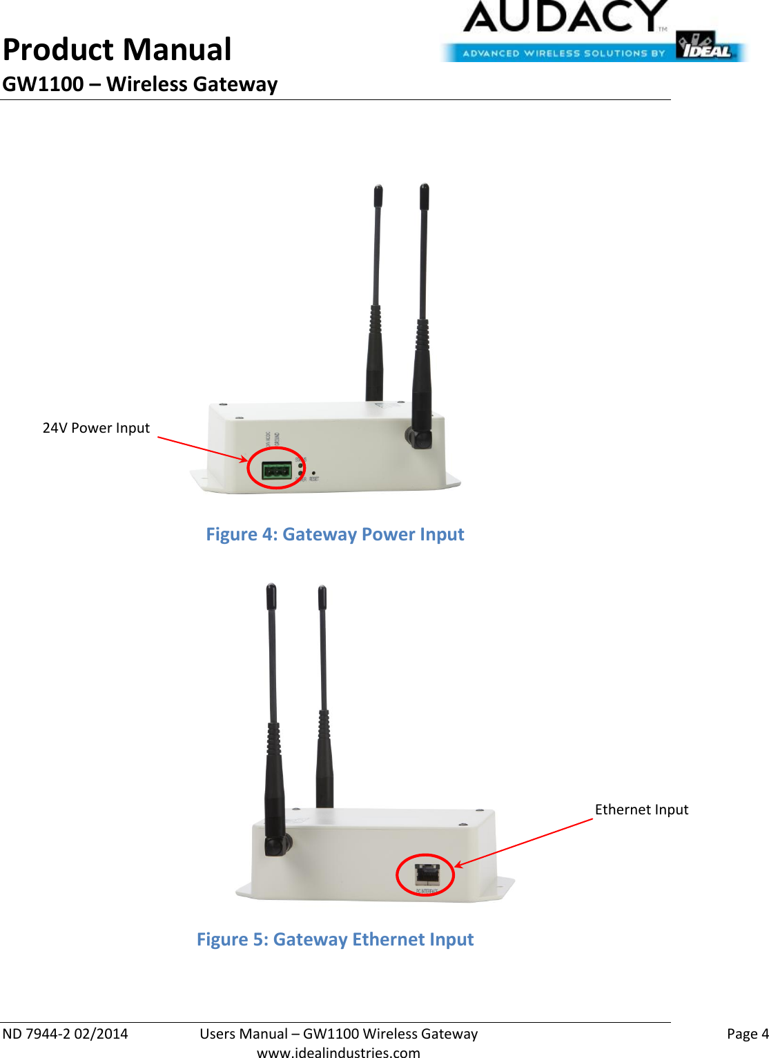 Product Manual GW1100 – Wireless Gateway  ND 7944-2 02/2014  Users Manual – GW1100 Wireless Gateway    Page 4  www.idealindustries.com   Figure 4: Gateway Power Input  Figure 5: Gateway Ethernet Input   24V Power Input Ethernet Input 