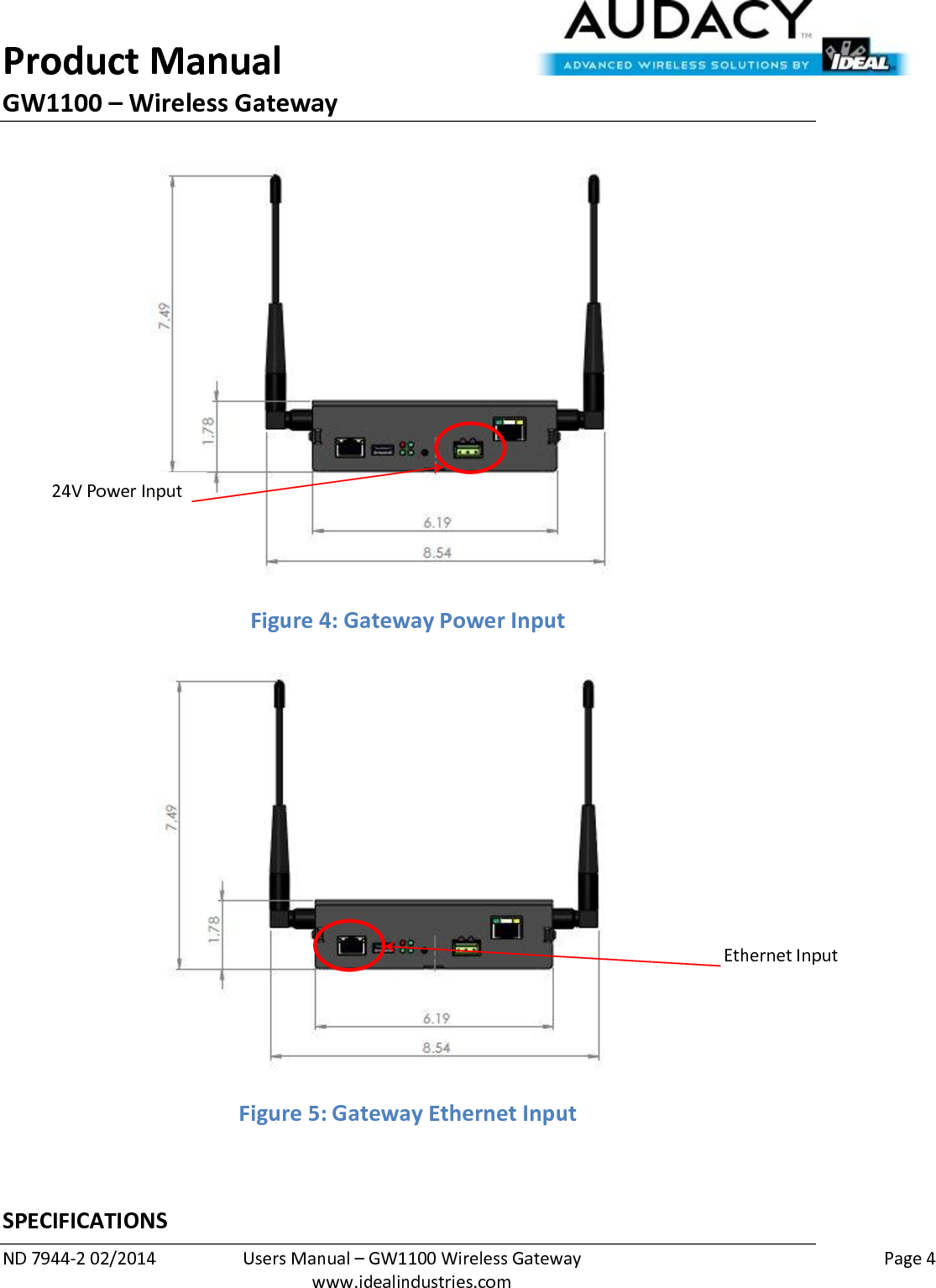 Product Manual GW1100 – Wireless Gateway  ND 7944-2 02/2014  Users Manual – GW1100 Wireless Gateway    Page 4  www.idealindustries.com  Figure 4: Gateway Power Input  Figure 5: Gateway Ethernet Input   SPECIFICATIONS 24V Power Input Ethernet Input 