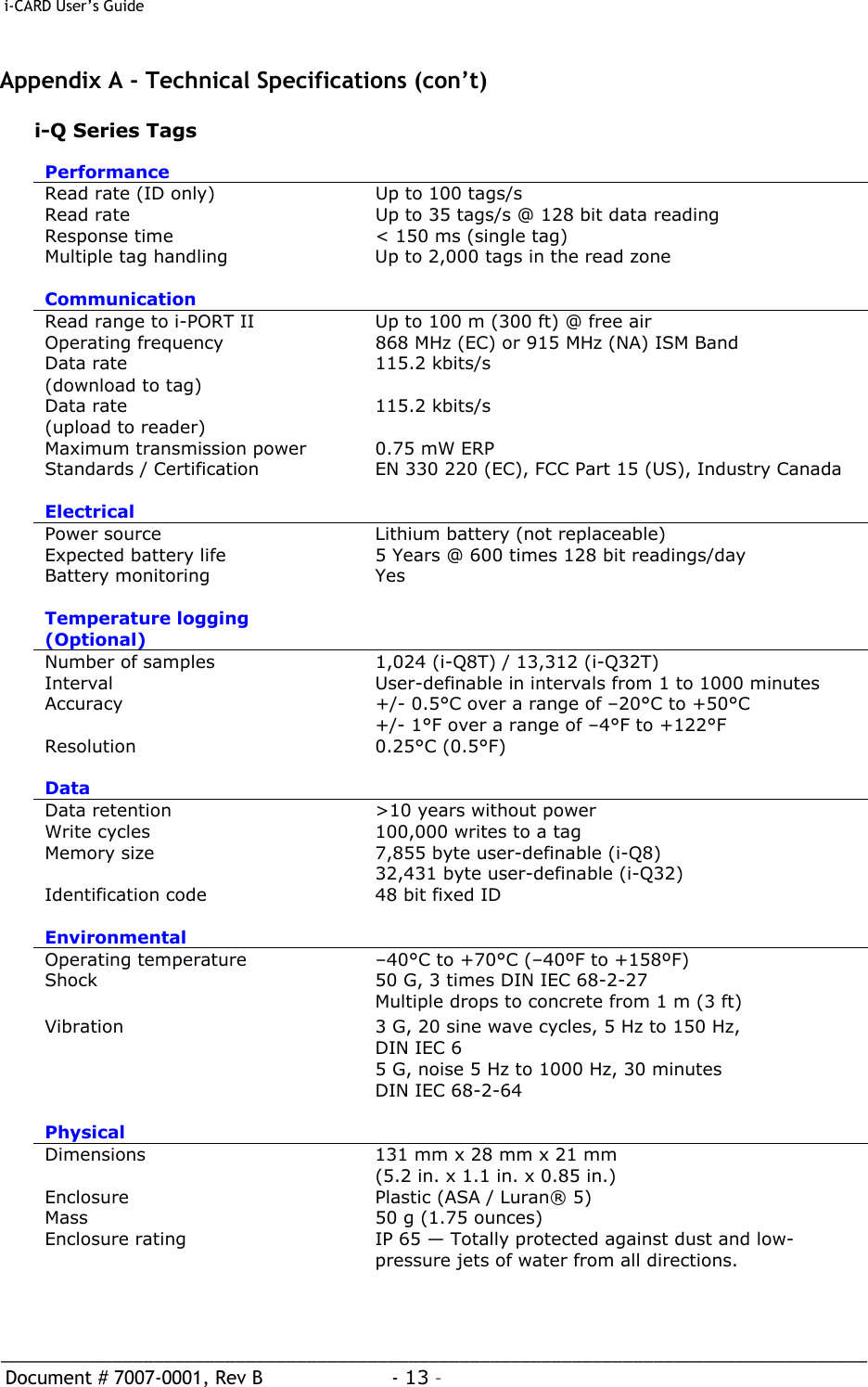  i-CARD User’s Guide   _____________________________________________________________________________________  Document # 7007-0001, Rev B  - 13 –   Appendix A - Technical Specifications (con’t)  i-Q Series Tags  Performance   Read rate (ID only)  Up to 100 tags/s  Read rate  Up to 35 tags/s @ 128 bit data reading Response time  &lt; 150 ms (single tag) Multiple tag handling  Up to 2,000 tags in the read zone   Communication   Read range to i-PORT II  Up to 100 m (300 ft) @ free air Operating frequency  868 MHz (EC) or 915 MHz (NA) ISM Band Data rate  (download to tag) 115.2 kbits/s Data rate  (upload to reader) 115.2 kbits/s Maximum transmission power  0.75 mW ERP Standards / Certification  EN 330 220 (EC), FCC Part 15 (US), Industry Canada   Electrical   Power source  Lithium battery (not replaceable)  Expected battery life  5 Years @ 600 times 128 bit readings/day Battery monitoring  Yes   Temperature logging (Optional)  Number of samples  1,024 (i-Q8T) / 13,312 (i-Q32T) Interval  User-definable in intervals from 1 to 1000 minutes Accuracy  +/- 0.5°C over a range of –20°C to +50°C   +/- 1°F over a range of –4°F to +122°F Resolution 0.25°C (0.5°F)   Data  Data retention  &gt;10 years without power Write cycles  100,000 writes to a tag  Memory size  7,855 byte user-definable (i-Q8)   32,431 byte user-definable (i-Q32) Identification code  48 bit fixed ID   Environmental  Operating temperature  –40°C to +70°C (–40ºF to +158ºF) Shock  50 G, 3 times DIN IEC 68-2-27   Multiple drops to concrete from 1 m (3 ft) Vibration  3 G, 20 sine wave cycles, 5 Hz to 150 Hz,    DIN IEC 6   5 G, noise 5 Hz to 1000 Hz, 30 minutes    DIN IEC 68-2-64   Physical   Dimensions  131 mm x 28 mm x 21 mm    (5.2 in. x 1.1 in. x 0.85 in.) Enclosure  Plastic (ASA / Luran® 5) Mass  50 g (1.75 ounces) Enclosure rating  IP 65 — Totally protected against dust and low-pressure jets of water from all directions.   