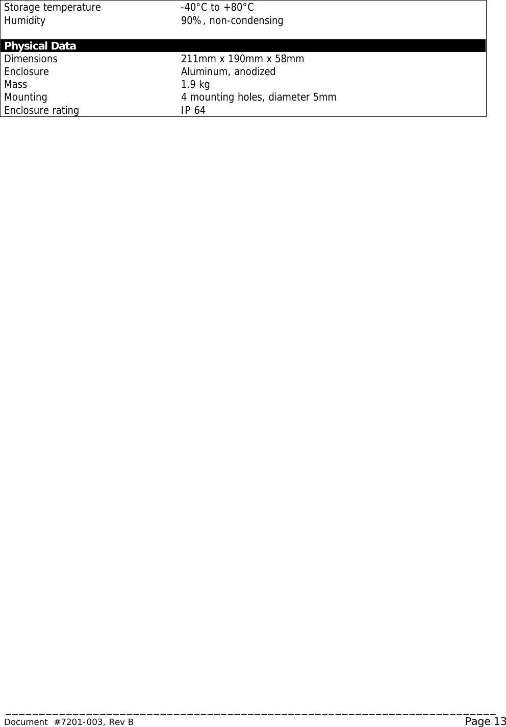 _________________________________________________________________________ Document  #7201-003, Rev B                                                                                                             Page 13  Storage temperature -40°C to +80°C  Humidity 90%, non-condensing   Physical Data   Dimensions 211mm x 190mm x 58mm  Enclosure Aluminum, anodized Mass 1.9 kg Mounting 4 mounting holes, diameter 5mm Enclosure rating IP 64  