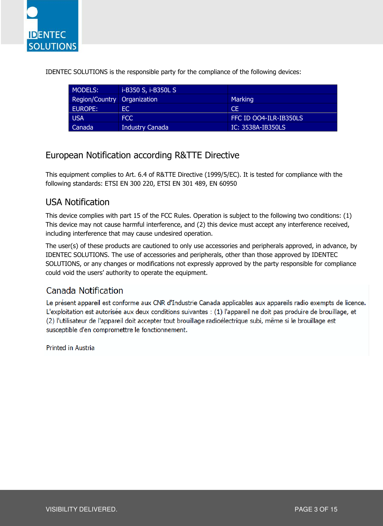  VISIBILITY DELIVERED.  PAGE 3 OF 15  IDENTEC SOLUTIONS is the responsible party for the compliance of the following devices:  MODELS: i-B350 S, i-B350L S  Region/Country Organization Marking EUROPE: EC  CE USA FCC FFC ID OO4-ILR-IB350LS Canada Industry Canada IC: 3538A-IB350LS   European Notification according R&amp;TTE Directive  This equipment complies to Art. 6.4 of R&amp;TTE Directive (1999/5/EC). It is tested for compliance with the following standards: ETSI EN 300 220, ETSI EN 301 489, EN 60950  USA Notification This device complies with part 15 of the FCC Rules. Operation is subject to the following two conditions: (1) This device may not cause harmful interference, and (2) this device must accept any interference received, including interference that may cause undesired operation. The user(s) of these products are cautioned to only use accessories and peripherals approved, in advance, by IDENTEC SOLUTIONS. The use of accessories and peripherals, other than those approved by IDENTEC SOLUTIONS, or any changes or modifications not expressly approved by the party responsible for compliance could void the users’ authority to operate the equipment.  The device has been tested and found to comply with the limits for a Class A digital device, pursuant to part 15 of the FCC Rules. These limits are designed to provide reasonable protection against harmful interference when the equipment is operated in a commercial environment. This equipment generates, uses, and can radiate radio frequency energy and, if not installed and used in accordance with the instruction manual, may cause harmful interference to radio communications. Operation of this equipment in a residential area is likely to cause harmful interference in which case the user will be required to correct the interference at his own expense.     