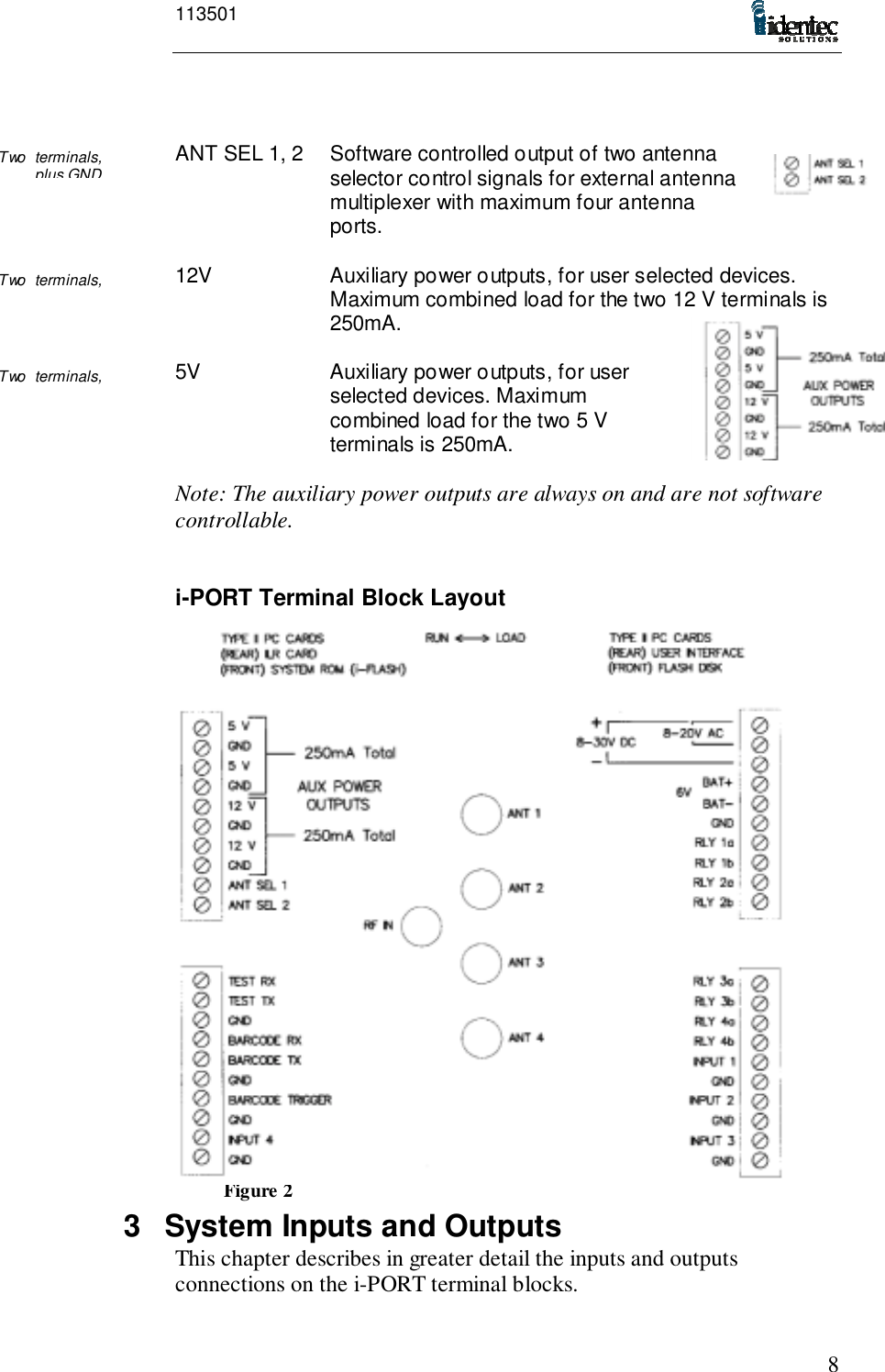 1135018Two  terminals,plus GNDTwo  terminals,Two  terminals,Figure 2ANT SEL 1, 2 Software controlled output of two antennaselector control signals for external antennamultiplexer with maximum four antennaports.12V Auxiliary power outputs, for user selected devices.Maximum combined load for the two 12 V terminals is250mA.5V Auxiliary power outputs, for userselected devices. Maximumcombined load for the two 5 Vterminals is 250mA.Note: The auxiliary power outputs are always on and are not softwarecontrollable.i-PORT Terminal Block Layout3  System Inputs and OutputsThis chapter describes in greater detail the inputs and outputsconnections on the i-PORT terminal blocks.