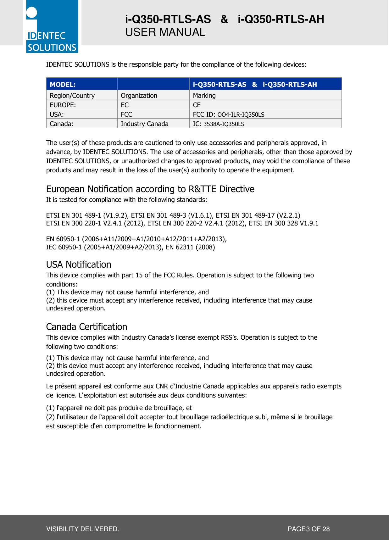 i-Q350-RTLS-AS   &amp;   i-Q350-RTLS-AH   USER MANUAL  VISIBILITY DELIVERED.                   PAGE 3 OF 28 IDENTEC SOLUTIONS is the responsible party for the compliance of the following devices:  MODEL:   i-Q350-RTLS-AS   &amp;   i-Q350-RTLS-AH Region/Country  Organization  Marking EUROPE:  EC  CE USA:  FCC  FCC ID: OO4-ILR-IQ350LS Canada:  Industry Canada  IC: 3538A-IQ350LS  The user(s) of these products are cautioned to only use accessories and peripherals approved, in advance, by IDENTEC SOLUTIONS. The use of accessories and peripherals, other than those approved by IDENTEC SOLUTIONS, or unauthorized changes to approved products, may void the compliance of these products and may result in the loss of the user(s) authority to operate the equipment.  European Notification according to R&amp;TTE Directive It is tested for compliance with the following standards:   ETSI EN 301 489-1 (V1.9.2), ETSI EN 301 489-3 (V1.6.1), ETSI EN 301 489-17 (V2.2.1) ETSI EN 300 220-1 V2.4.1 (2012), ETSI EN 300 220-2 V2.4.1 (2012), ETSI EN 300 328 V1.9.1  EN 60950-1 (2006+A11/2009+A1/2010+A12/2011+A2/2013),  IEC 60950-1 (2005+A1/2009+A2/2013), EN 62311 (2008)  USA Notification This device complies with part 15 of the FCC Rules. Operation is subject to the following two conditions:  (1) This device may not cause harmful interference, and  (2) this device must accept any interference received, including interference that may cause undesired operation.  Canada Certification This device complies with Industry Canada’s license exempt RSS’s. Operation is subject to the following two conditions:  (1) This device may not cause harmful interference, and  (2) this device must accept any interference received, including interference that may cause undesired operation. Le présent appareil est conforme aux CNR d‘Industrie Canada applicables aux appareils radio exempts de licence. L‘exploitation est autorisée aux deux conditions suivantes: (1) l‘appareil ne doit pas produire de brouillage, et (2) l‘utilisateur de l‘appareil doit accepter tout brouillage radioélectrique subi, même si le brouillage est susceptible d‘en compromettre le fonctionnement.    