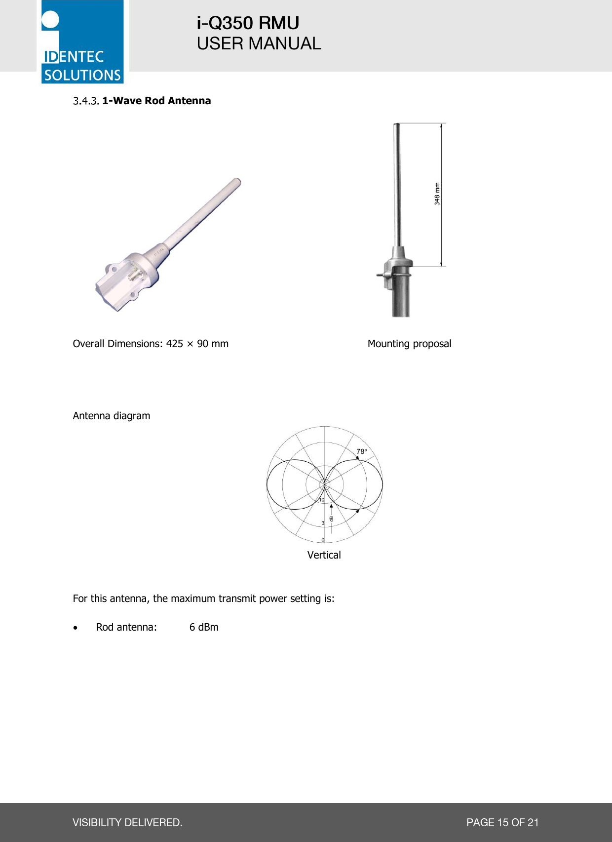    1-Wave Rod Antenna                  Overall Dimensions: 425 × 90 mm           Mounting proposal     Antenna diagram  Vertical   For this antenna, the maximum transmit power setting is:   Rod antenna:    6 dBm 