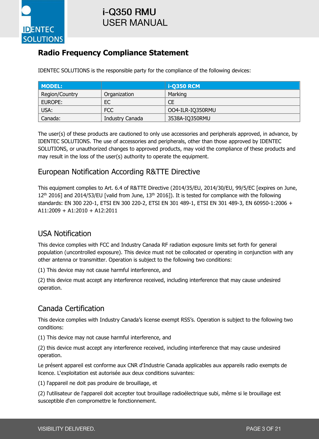  Radio Frequency Compliance Statement  IDENTEC SOLUTIONS is the responsible party for the compliance of the following devices:  MODEL:  i-Q350 RCM Region/Country Organization Marking EUROPE: EC CE USA: FCC OO4-ILR-IQ350RMU Canada: Industry Canada 3538A-IQ350RMU  The user(s) of these products are cautioned to only use accessories and peripherals approved, in advance, by IDENTEC SOLUTIONS. The use of accessories and peripherals, other than those approved by IDENTEC SOLUTIONS, or unauthorized changes to approved products, may void the compliance of these products and may result in the loss of the user(s) authority to operate the equipment.  European Notification According R&amp;TTE Directive  This equipment complies to Art. 6.4 of R&amp;TTE Directive (2014/35/EU, 2014/30/EU, 99/5/EC [expires on June, 12th 2016] and 2014/53/EU [valid from June, 13th 2016]). It is tested for compliance with the following standards: EN 300 220-1, ETSI EN 300 220-2, ETSI EN 301 489-1, ETSI EN 301 489-3, EN 60950-1:2006 + A11:2009 + A1:2010 + A12:2011   USA Notification This device complies with FCC and Industry Canada RF radiation exposure limits set forth for general population (uncontrolled exposure). This device must not be collocated or operating in conjunction with any other antenna or transmitter. Operation is subject to the following two conditions:  (1) This device may not cause harmful interference, and  (2) this device must accept any interference received, including interference that may cause undesired operation.  Canada Certification This device complies with Industry Canada’s license exempt RSS’s. Operation is subject to the following two conditions:  (1) This device may not cause harmful interference, and  (2) this device must accept any interference received, including interference that may cause undesired operation. Le présent appareil est conforme aux CNR d‘Industrie Canada applicables aux appareils radio exempts de licence. L‘exploitation est autorisée aux deux conditions suivantes: (1) l‘appareil ne doit pas produire de brouillage, et (2) l‘utilisateur de l‘appareil doit accepter tout brouillage radioélectrique subi, même si le brouillage est susceptible d‘en compromettre le fonctionnement. 