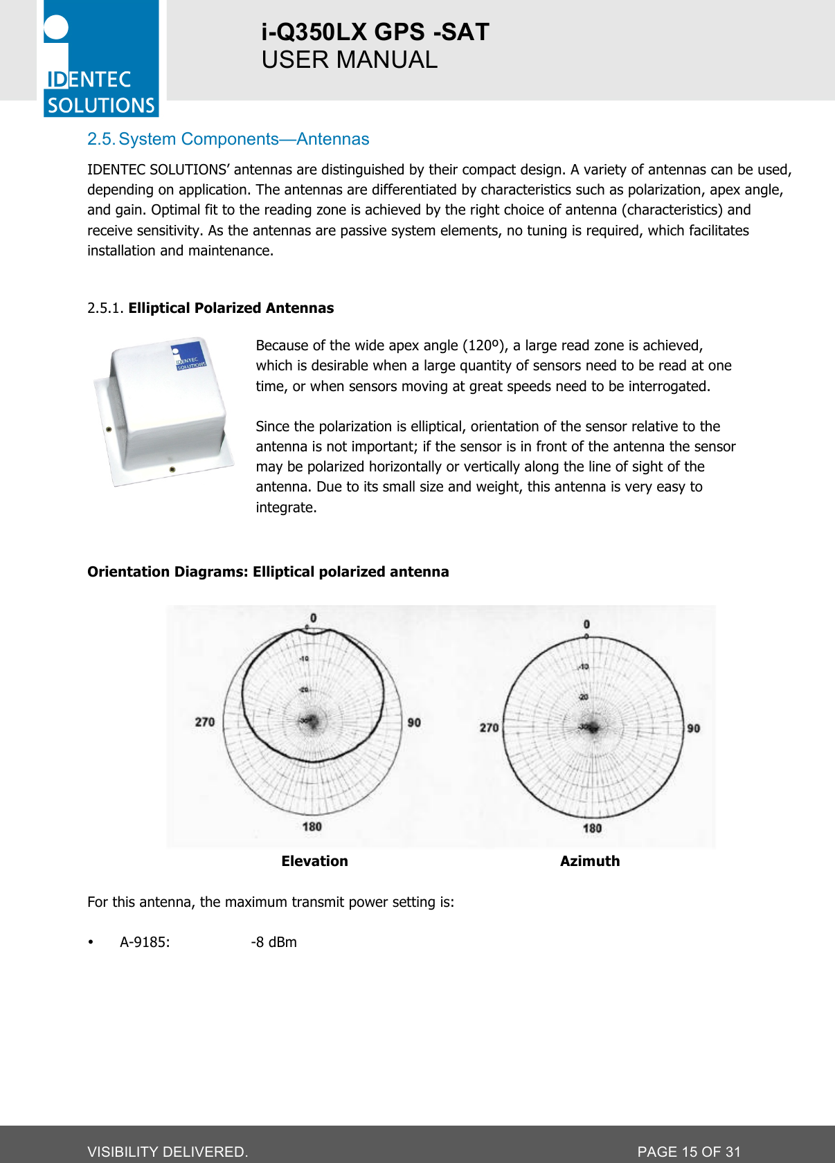 i-Q350LX GPS -SAT  USER MANUAL  VISIBILITY DELIVERED.  PAGE 15 OF 31 2.5. System Components—Antennas IDENTEC SOLUTIONS’ antennas are distinguished by their compact design. A variety of antennas can be used, depending on application. The antennas are differentiated by characteristics such as polarization, apex angle, and gain. Optimal fit to the reading zone is achieved by the right choice of antenna (characteristics) and receive sensitivity. As the antennas are passive system elements, no tuning is required, which facilitates installation and maintenance.  2.5.1. Elliptical Polarized Antennas  Because of the wide apex angle (120º), a large read zone is achieved, which is desirable when a large quantity of sensors need to be read at one time, or when sensors moving at great speeds need to be interrogated.  Since the polarization is elliptical, orientation of the sensor relative to the antenna is not important; if the sensor is in front of the antenna the sensor may be polarized horizontally or vertically along the line of sight of the antenna. Due to its small size and weight, this antenna is very easy to integrate.   Orientation Diagrams: Elliptical polarized antenna    Elevation Azimuth  For this antenna, the maximum transmit power setting is:  • A-9185:    -8 dBm    