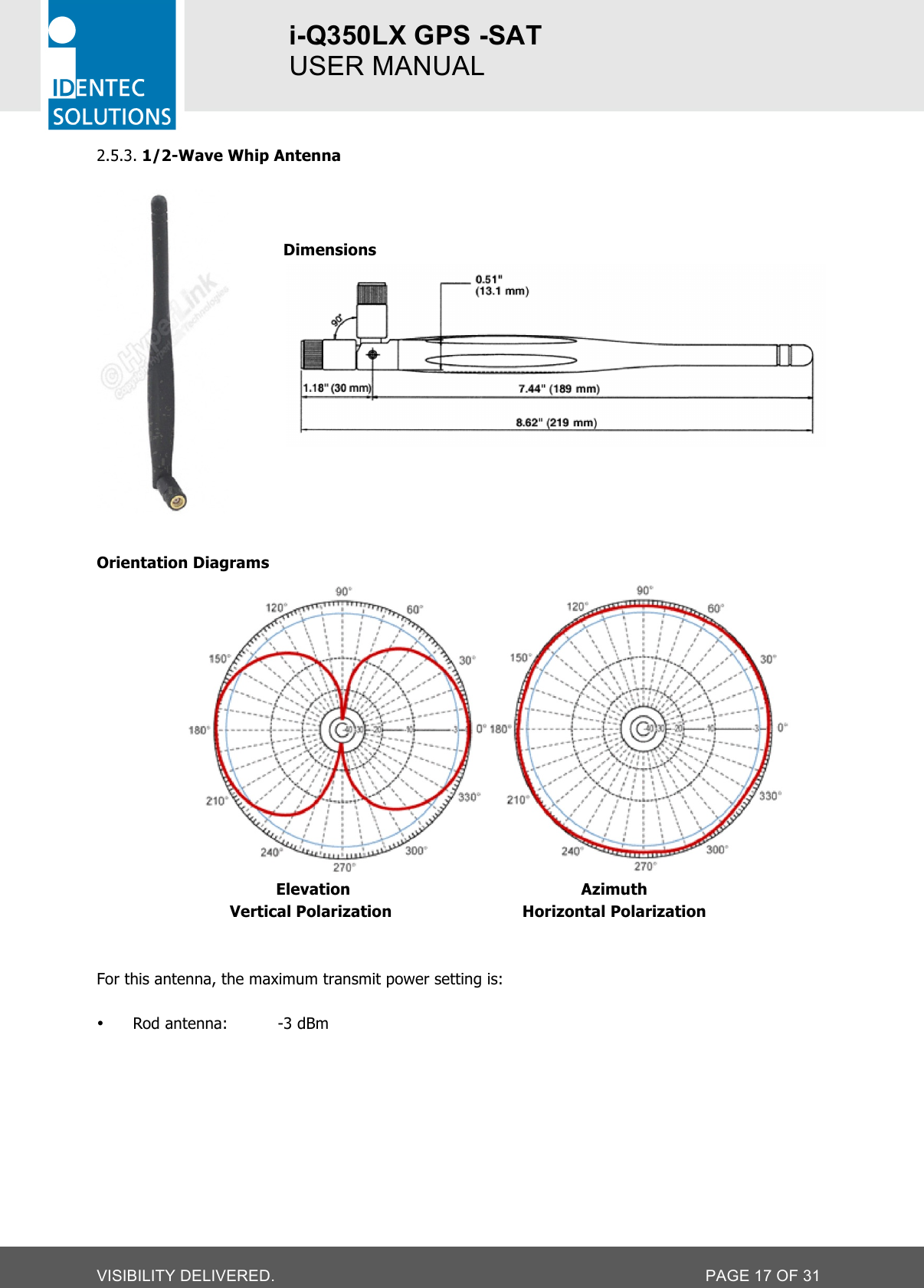 i-Q350LX GPS -SAT  USER MANUAL  VISIBILITY DELIVERED.  PAGE 17 OF 31 2.5.3. 1/2-Wave Whip Antenna     Dimensions    Orientation Diagrams                         Elevation                        Azimuth                       Vertical Polarization                        Horizontal Polarization   For this antenna, the maximum transmit power setting is:  • Rod antenna:    -3 dBm      