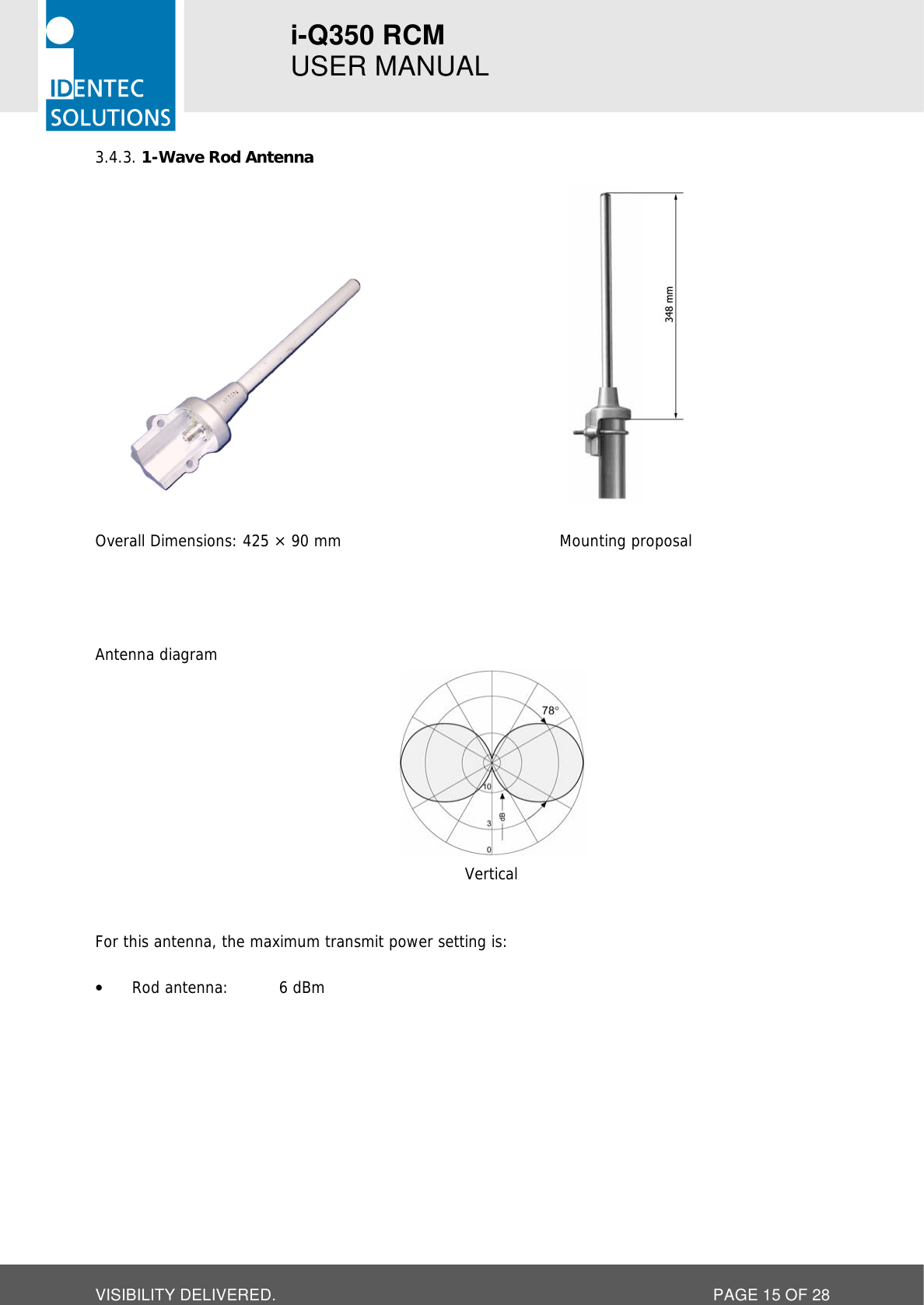 i-Q350 RCM   USER MANUAL  VISIBILITY DELIVERED.  PAGE 15 OF 28  1-Wave Rod Antenna 3.4.3.             Overall Dimensions: 425 × 90 mm      Mounting proposal     Antenna diagram  Vertical   For this antenna, the maximum transmit power setting is:  • Rod antenna:    6 dBm 