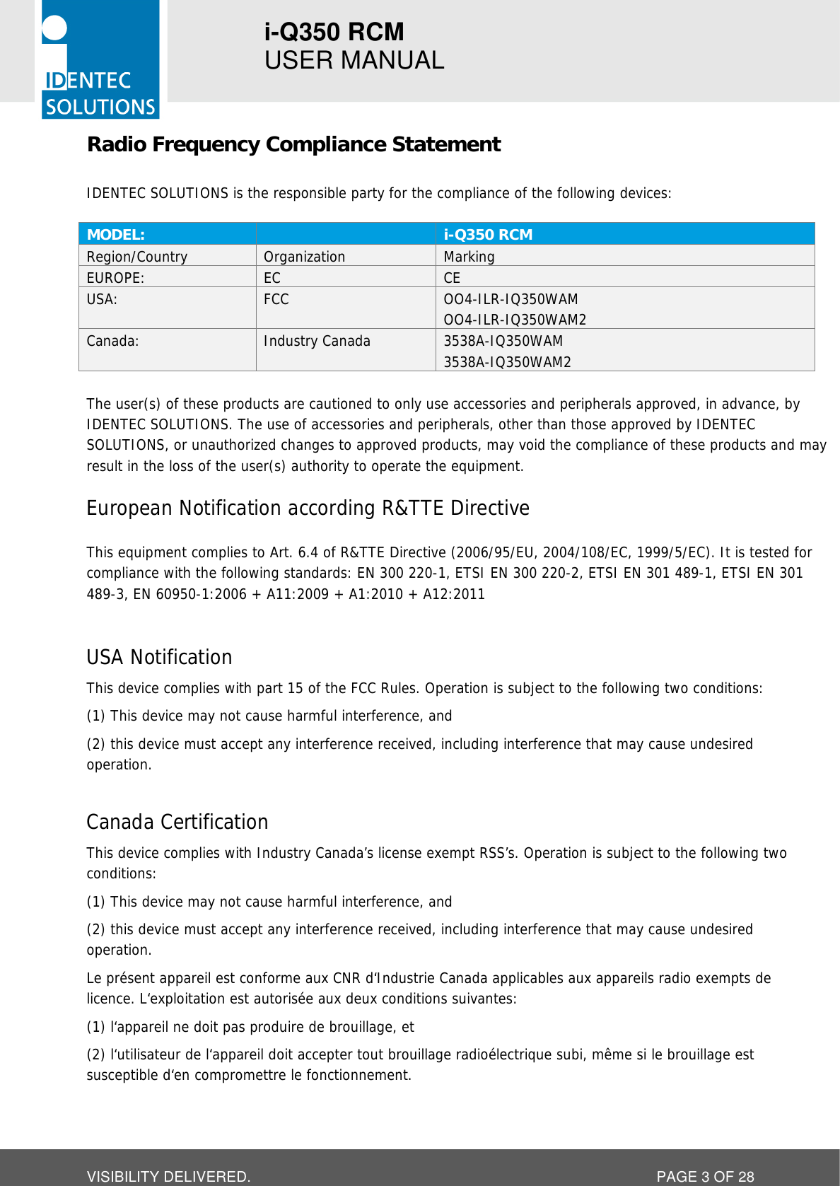 i-Q350 RCM   USER MANUAL  VISIBILITY DELIVERED.  PAGE 3 OF 28 Radio Frequency Compliance Statement  IDENTEC SOLUTIONS is the responsible party for the compliance of the following devices:  MODEL:  i-Q350 RCM Region/Country Organization Marking EUROPE: EC CE USA: FCC OO4-ILR-IQ350WAM OO4-ILR-IQ350WAM2 Canada: Industry Canada 3538A-IQ350WAM 3538A-IQ350WAM2  The user(s) of these products are cautioned to only use accessories and peripherals approved, in advance, by IDENTEC SOLUTIONS. The use of accessories and peripherals, other than those approved by IDENTEC SOLUTIONS, or unauthorized changes to approved products, may void the compliance of these products and may result in the loss of the user(s) authority to operate the equipment.  European Notification according R&amp;TTE Directive  This equipment complies to Art. 6.4 of R&amp;TTE Directive (2006/95/EU, 2004/108/EC, 1999/5/EC). It is tested for compliance with the following standards: EN 300 220-1, ETSI EN 300 220-2, ETSI EN 301 489-1, ETSI EN 301 489-3, EN 60950-1:2006 + A11:2009 + A1:2010 + A12:2011   USA Notification This device complies with part 15 of the FCC Rules. Operation is subject to the following two conditions:  (1) This device may not cause harmful interference, and  (2) this device must accept any interference received, including interference that may cause undesired operation.  Canada Certification This device complies with Industry Canada’s license exempt RSS’s. Operation is subject to the following two conditions:  (1) This device may not cause harmful interference, and  (2) this device must accept any interference received, including interference that may cause undesired operation. Le présent appareil est conforme aux CNR d‘Industrie Canada applicables aux appareils radio exempts de licence. L‘exploitation est autorisée aux deux conditions suivantes: (1) l‘appareil ne doit pas produire de brouillage, et (2) l‘utilisateur de l‘appareil doit accepter tout brouillage radioélectrique subi, même si le brouillage est susceptible d‘en compromettre le fonctionnement. 