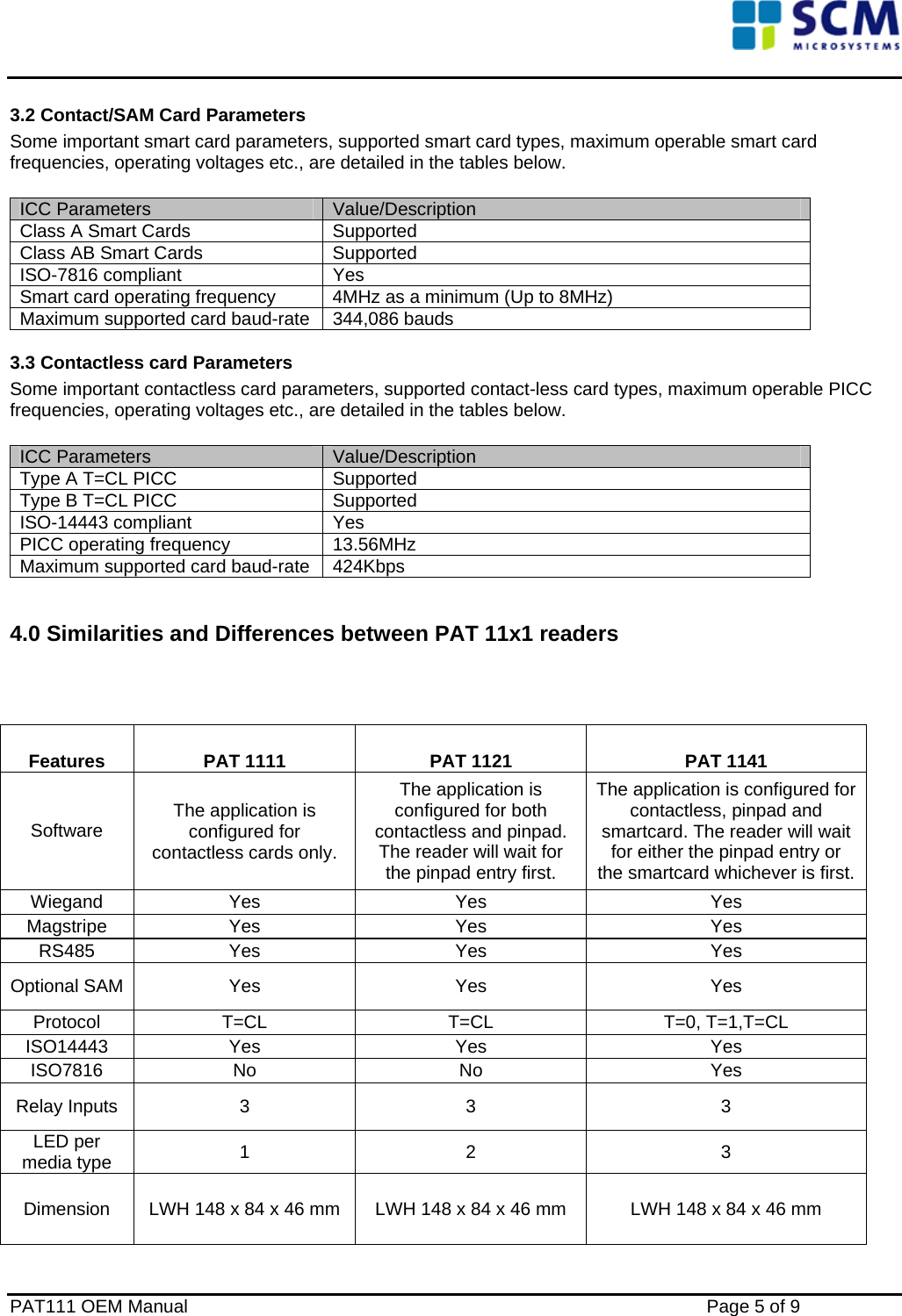    3.2 Contact/SAM Card Parameters Some important smart card parameters, supported smart card types, maximum operable smart card frequencies, operating voltages etc., are detailed in the tables below.  ICC Parameters  Value/Description Class A Smart Cards  Supported Class AB Smart Cards  Supported ISO-7816 compliant  Yes Smart card operating frequency  4MHz as a minimum (Up to 8MHz) Maximum supported card baud-rate  344,086 bauds 3.3 Contactless card Parameters Some important contactless card parameters, supported contact-less card types, maximum operable PICC frequencies, operating voltages etc., are detailed in the tables below.  ICC Parameters  Value/Description Type A T=CL PICC  Supported Type B T=CL PICC  Supported ISO-14443 compliant  Yes PICC operating frequency  13.56MHz Maximum supported card baud-rate  424Kbps  4.0 Similarities and Differences between PAT 11x1 readers  Features  PAT 1111  PAT 1121  PAT 1141 Software  The application is configured for contactless cards only. The application is configured for both contactless and pinpad. The reader will wait for the pinpad entry first. The application is configured for contactless, pinpad and smartcard. The reader will wait for either the pinpad entry or the smartcard whichever is first. Wiegand Yes  Yes  Yes Magstripe Yes  Yes  Yes RS485 Yes  Yes  Yes Optional SAM  Yes  Yes  Yes Protocol T=CL  T=CL  T=0, T=1,T=CL ISO14443 Yes  Yes  Yes ISO7816 No  No  Yes Relay Inputs  3  3  3 LED per media type  1 2  3 Dimension  LWH 148 x 84 x 46 mm  LWH 148 x 84 x 46 mm  LWH 148 x 84 x 46 mm  PAT111 OEM Manual    Page 5 of 9 