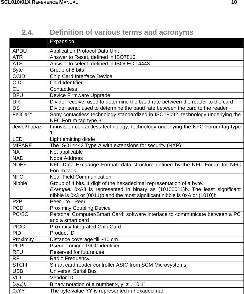 SCL010/01X REFERENCE MANUAL   10 2.4.  Definition of various terms and acronyms   Expansion APDU  Application Protocol Data Unit ATR  Answer to Reset, defined in ISO7816 ATS  Answer to select, defined in ISO/IEC 14443 Byte  Group of 8 bits CCID  Chip Card Interface Device CID Card Identifier CL Contactless DFU  Device Firmware Upgrade DR  Divider receive: used to determine the baud rate between the reader to the card DS  Divider send: used to determine the baud rate between the card to the reader FeliCa™  Sony contactless technology standardized in ISO18092, technology underlying the NFC Forum tag type 3 Jewel/Topaz  Innovision contactless technology, technology underlying the NFC Forum tag type 1 LED  Light emitting diode MIFARE  The ISO14443 Type A with extensions for security (NXP) NA Not applicable NAD Node Address NDEF  NFC Data Exchange Format: data structure defined by the NFC Forum for NFC Forum tags. NFC Near Field Communication Nibble  Group of 4 bits. 1 digit of the hexadecimal representation of a byte. Example: 0xA3 is represented in binary as (10100011)b. The least significant nibble is 0x3 or (0011)b and the most significant nibble is 0xA or (1010)b P2P  Peer - to - Peer PCD Proximity Coupling Device PC/SC  Personal Computer/Smart Card: software interface to communicate between a PC and a smart card PICC  Proximity Integrated Chip Card PID Product ID Proximity  Distance coverage till ~10 cm. PUPI  Pseudo unique PICC identifier RFU  Reserved for future use RF Radio Frequency STCIII  Smart card reader controller ASIC from SCM Microsystems USB  Universal Serial Bus VID Vendor ID (xyz)b  Binary notation of a number x, y, z 0,1 0xYY  The byte value YY is represented in hexadecimal 