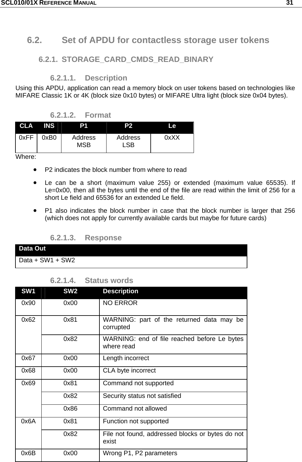 SCL010/01X REFERENCE MANUAL   31 6.2.  Set of APDU for contactless storage user tokens 6.2.1. STORAGE_CARD_CMDS_READ_BINARY 6.2.1.1. Description Using this APDU, application can read a memory block on user tokens based on technologies like MIFARE Classic 1K or 4K (block size 0x10 bytes) or MIFARE Ultra light (block size 0x04 bytes). 6.2.1.2. Format CLA  INS  P1  P2  Le 0xFF 0xB0  Address MSB  Address LSB  0xXX Where:  P2 indicates the block number from where to read  Le can be a short (maximum value 255) or extended (maximum value 65535). If Le=0x00, then all the bytes until the end of the file are read within the limit of 256 for a short Le field and 65536 for an extended Le field.  P1 also indicates the block number in case that the block number is larger that 256 (which does not apply for currently available cards but maybe for future cards) 6.2.1.3. Response Data Out Data + SW1 + SW2 6.2.1.4. Status words SW1  SW2  Description 0x90 0x00 NO ERROR 0x81  WARNING: part of the returned data may be corrupted 0x62 0x82  WARNING: end of file reached before Le bytes where read 0x67 0x00 Length incorrect 0x68  0x00  CLA byte incorrect 0x81  Command not supported 0x82  Security status not satisfied 0x69 0x86  Command not allowed 0x81  Function not supported 0x6A 0x82  File not found, addressed blocks or bytes do not exist 0x6B  0x00  Wrong P1, P2 parameters 