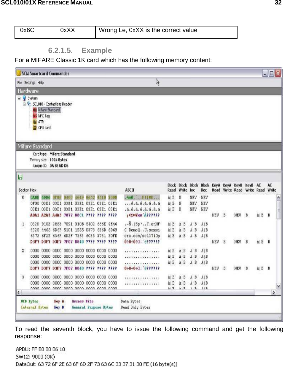 SCL010/01X REFERENCE MANUAL   32 0x6C  0xXX  Wrong Le, 0xXX is the correct value 6.2.1.5. Example For a MIFARE Classic 1K card which has the following memory content:  To read the seventh block, you have to issue the following command and get the following response:   